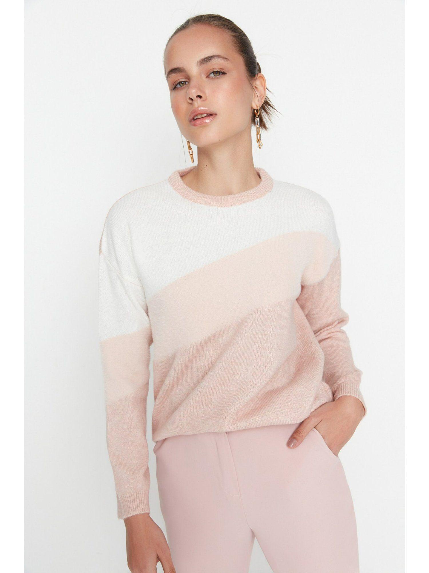 womens pink and white colorblock sweater