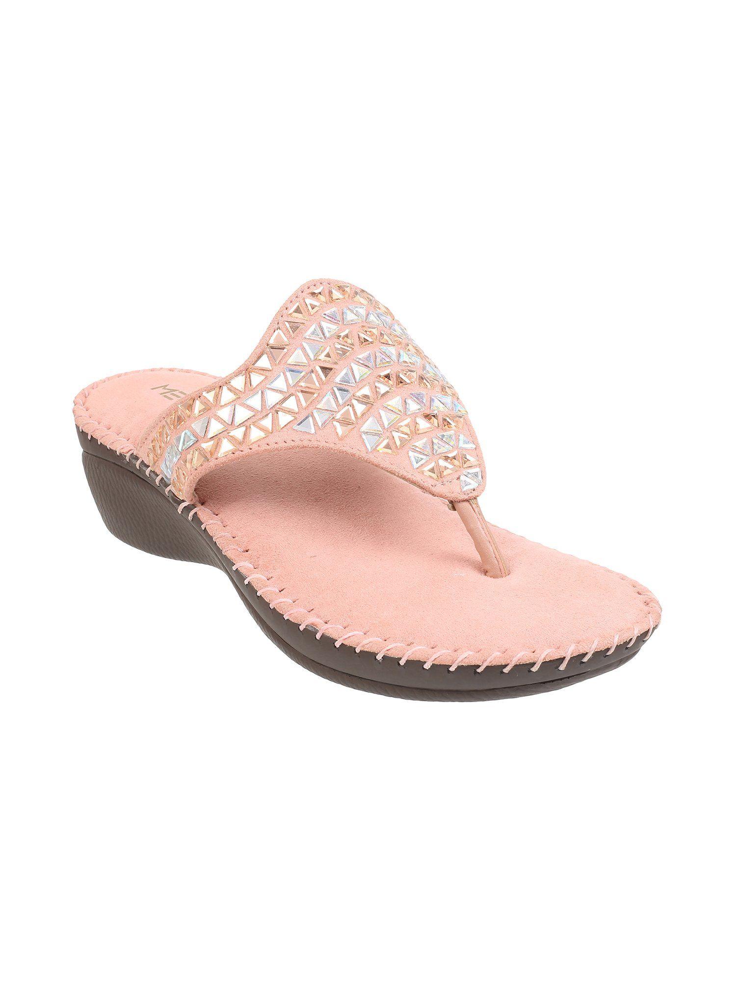 womens pink block heel chappalsmetro mirror work pink flipflops