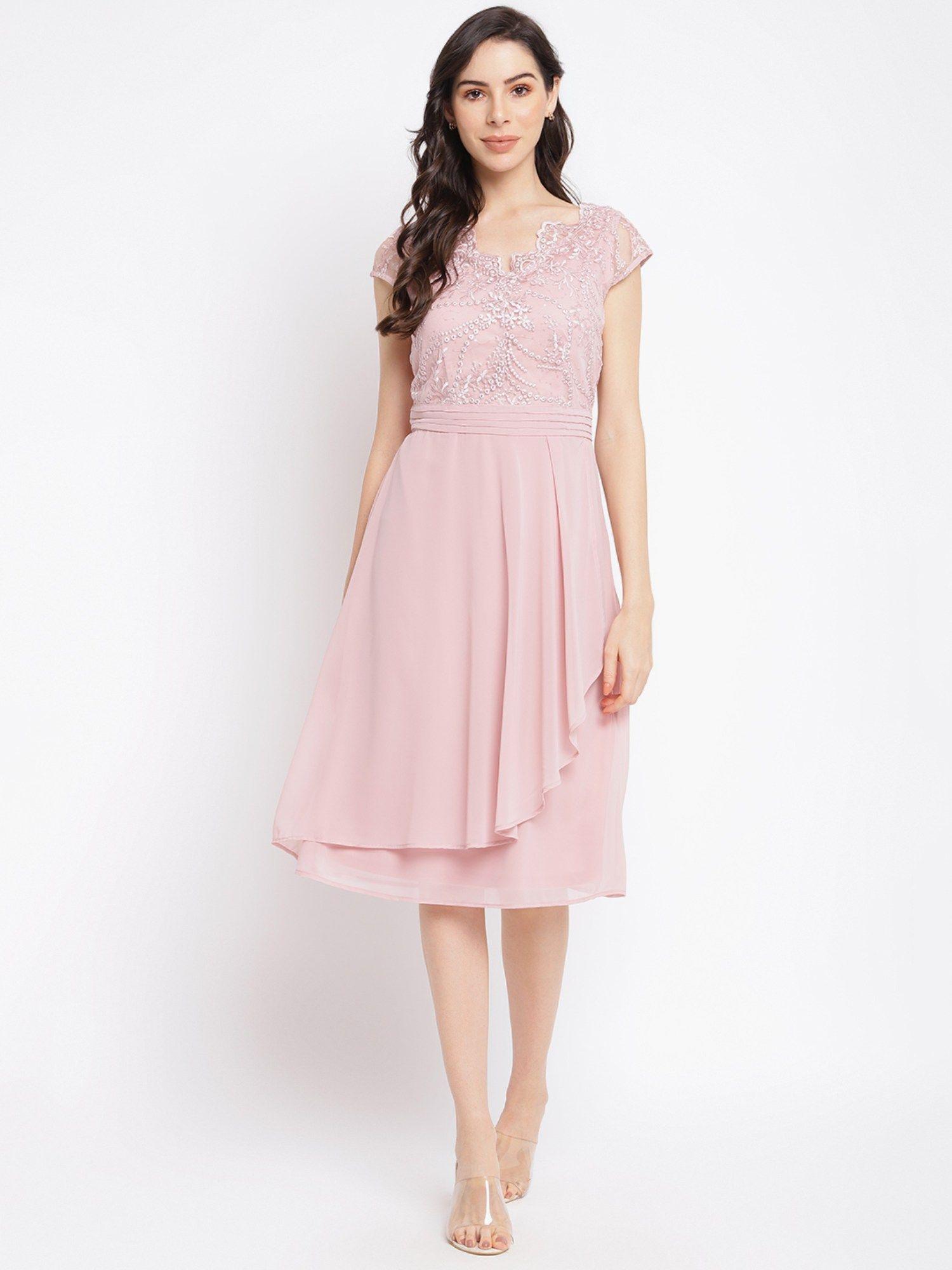 womens pink cap sleeve embroidered dress