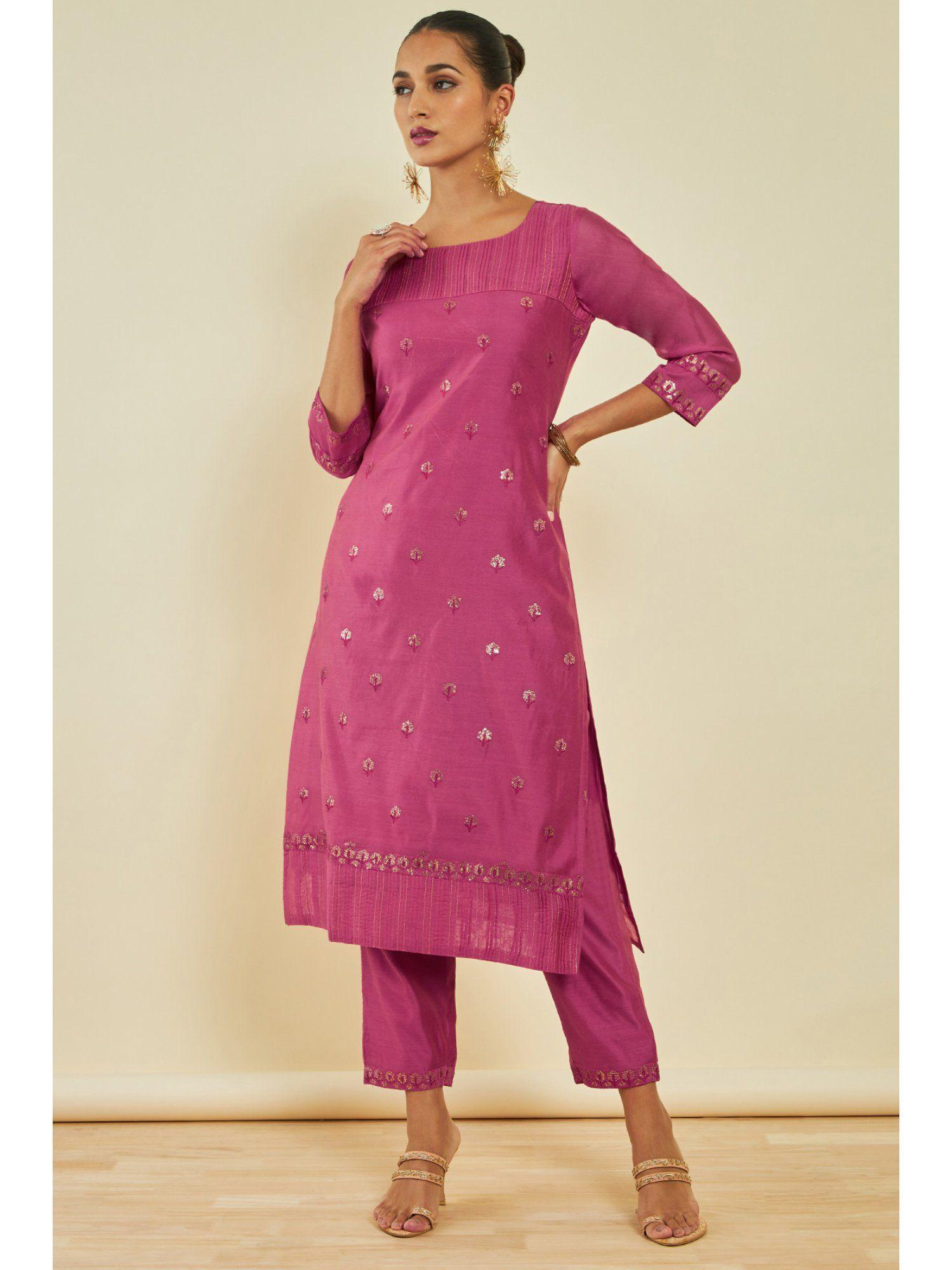 womens pink chanderi sequins kurta with pant (set of 2)