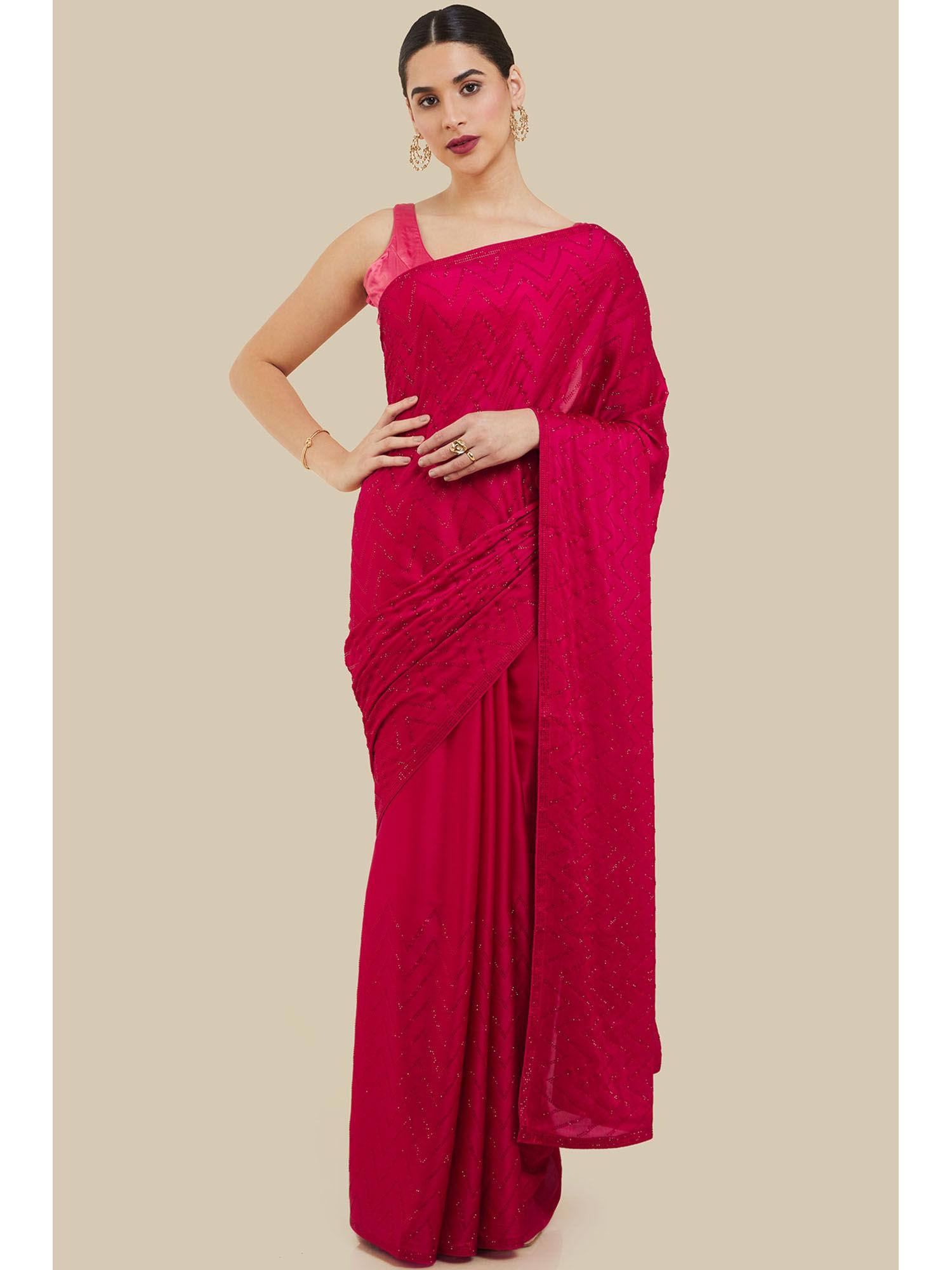 womens pink chevron stone embellished crepe saree and blouse with unstitched