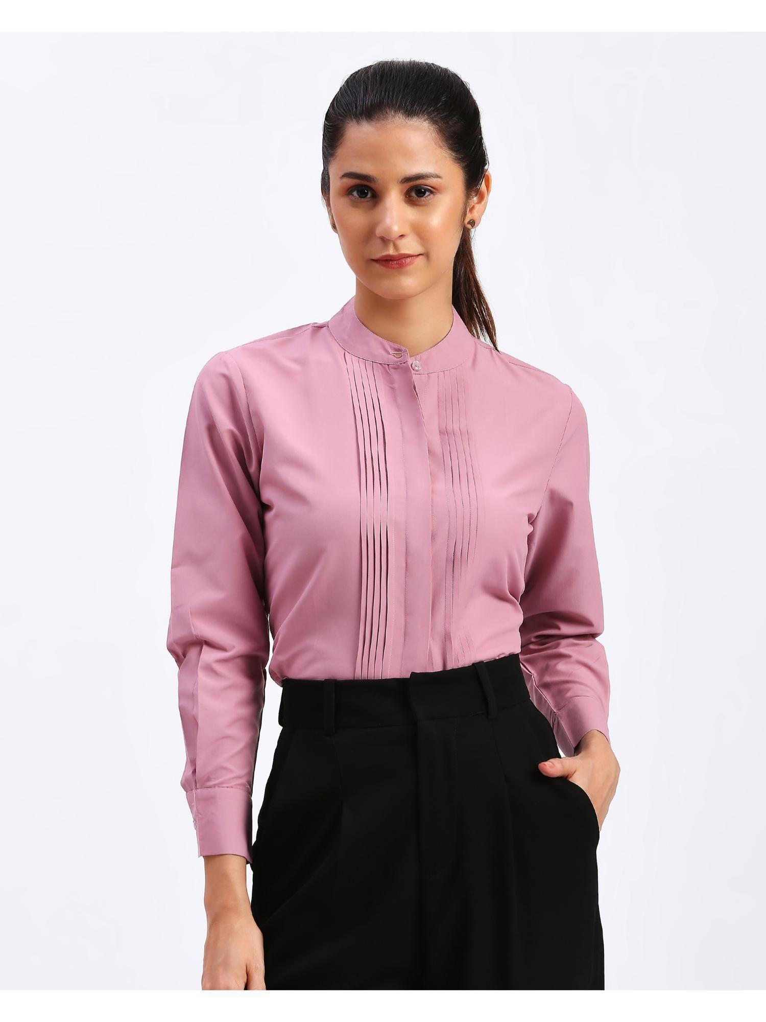 womens pink chinese collar relaxed fit polycotton solid shirt