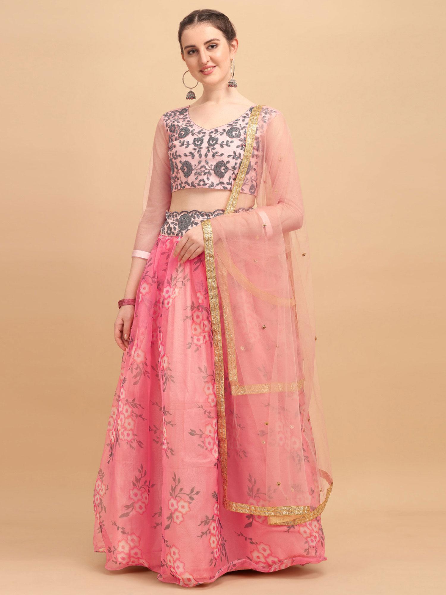 womens pink colour organza printed fusion lehenga choli (set of 3)