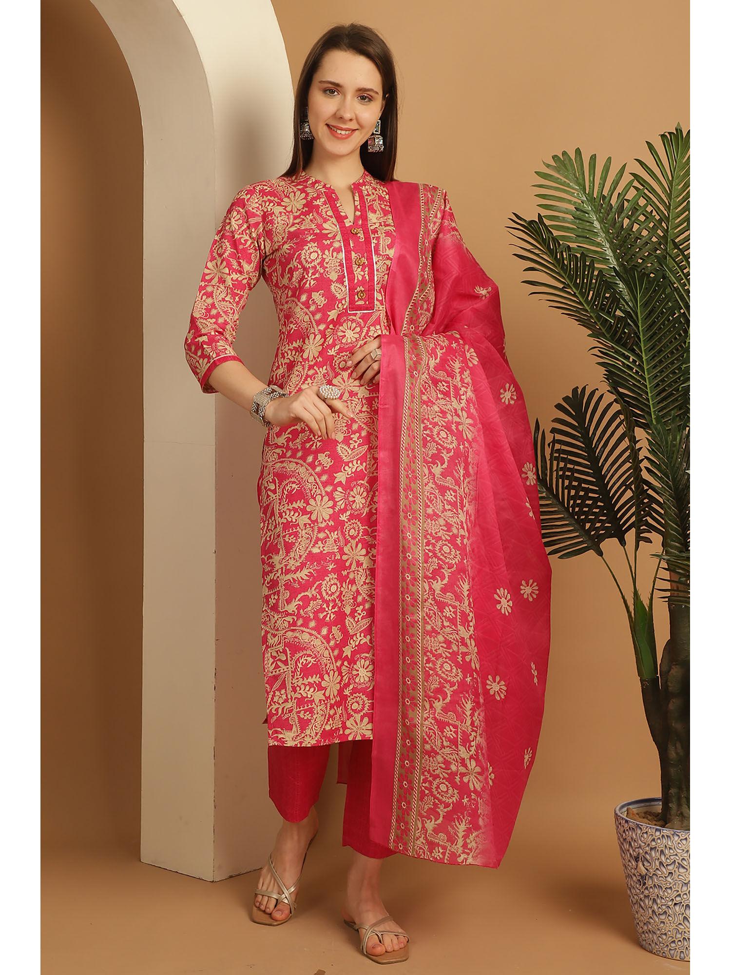 womens pink cotton blend floral printed kurta pant with dupatta (set of 3)