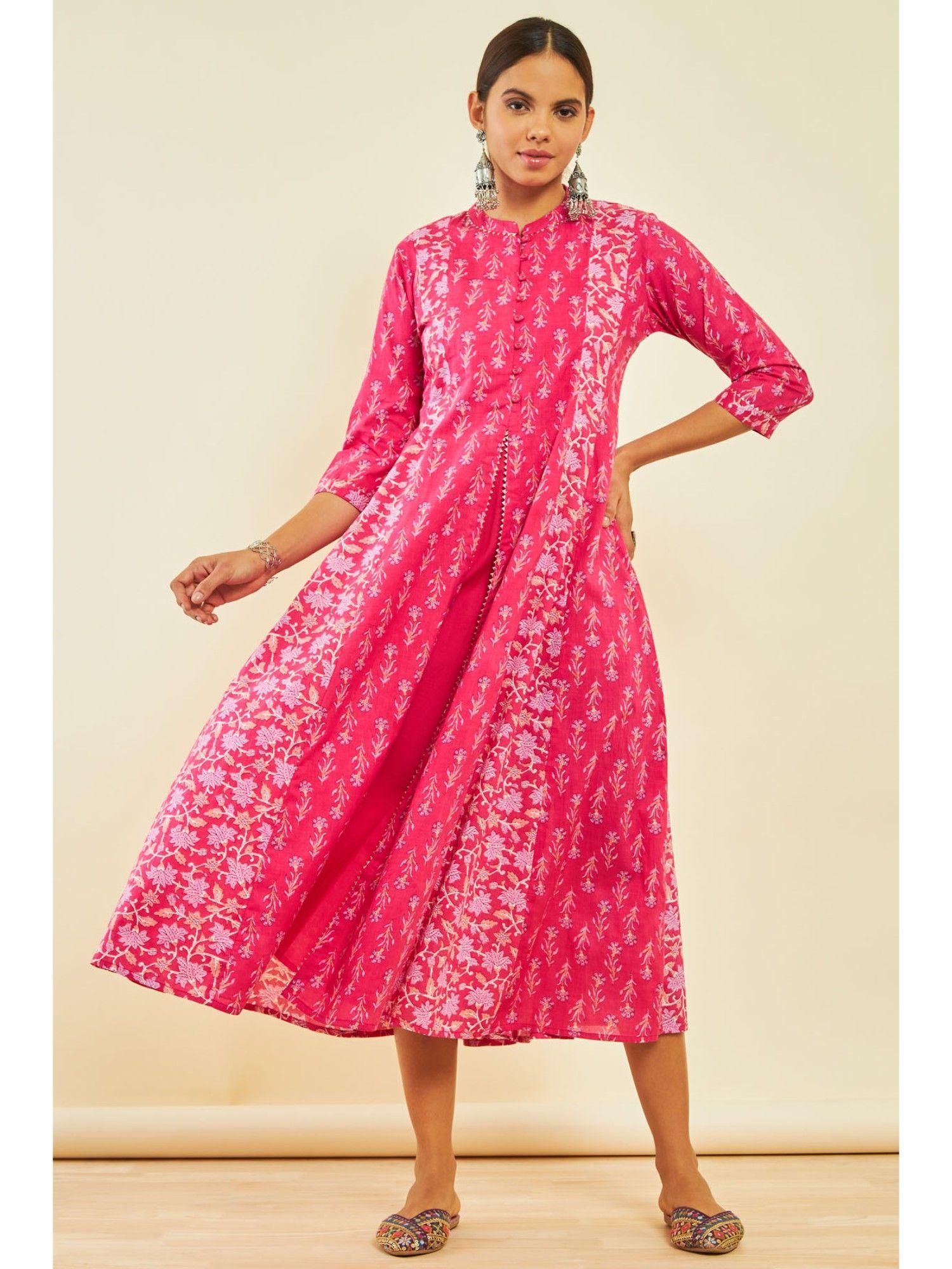 womens pink cotton floral print midi dress with gotta patti