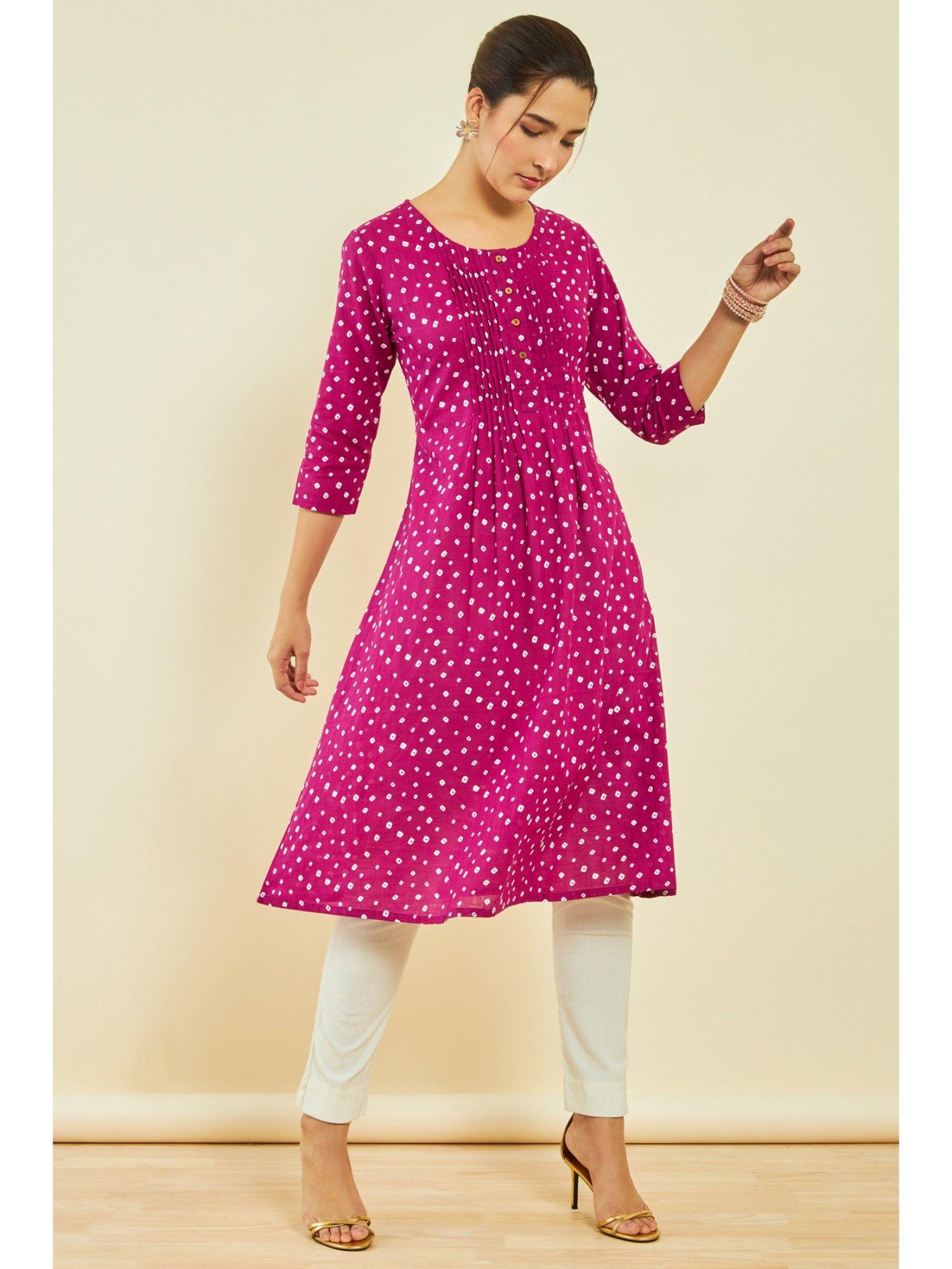 womens pink cotton slub bandhani print kurta