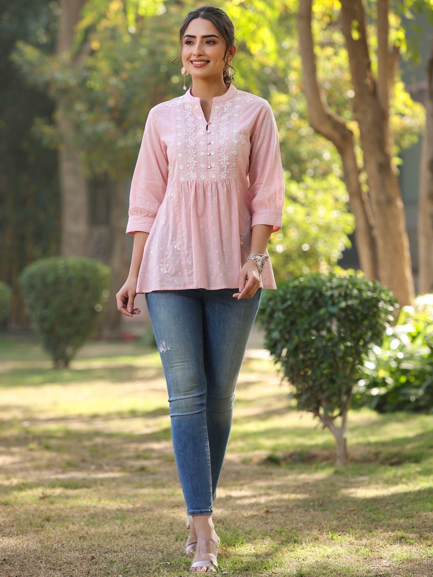 womens pink cotton solid with embroidery straight tunic