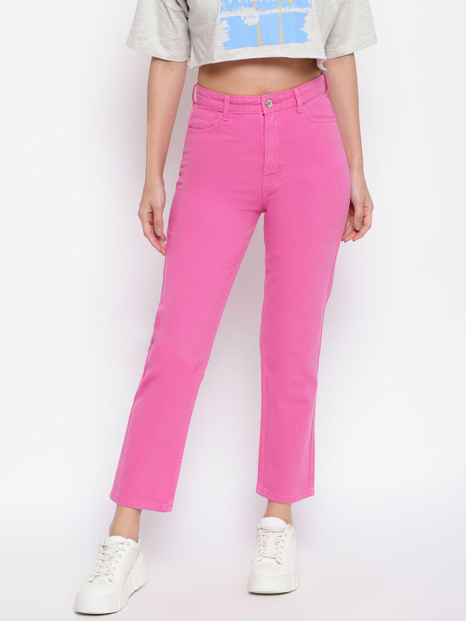 womens pink denim mom fit solid jeans