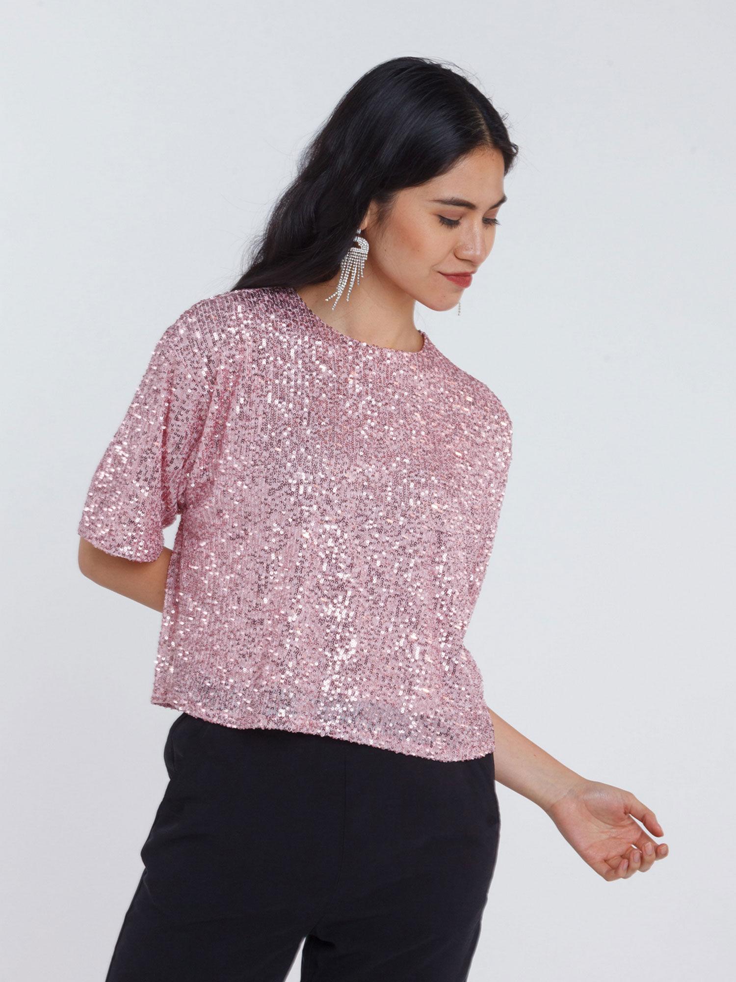 womens pink embellished regular top