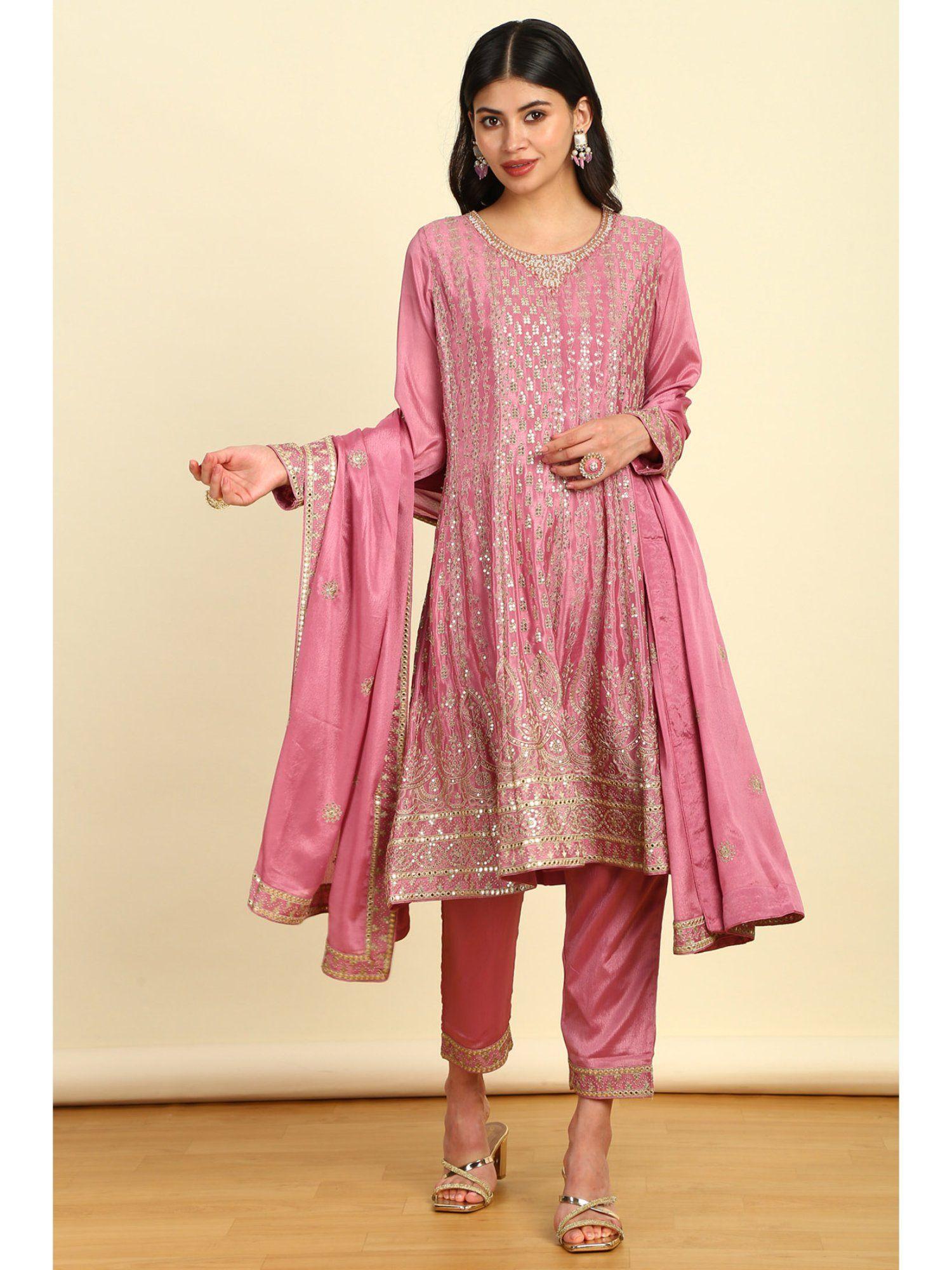 womens pink embroidered kurta pant and dupatta with sequins work (set of 3)