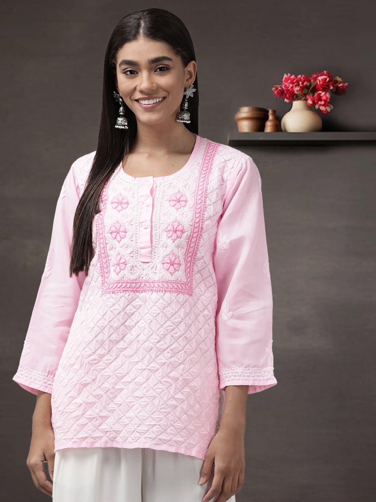 womens pink embroidered lucknowi chikankari kurti