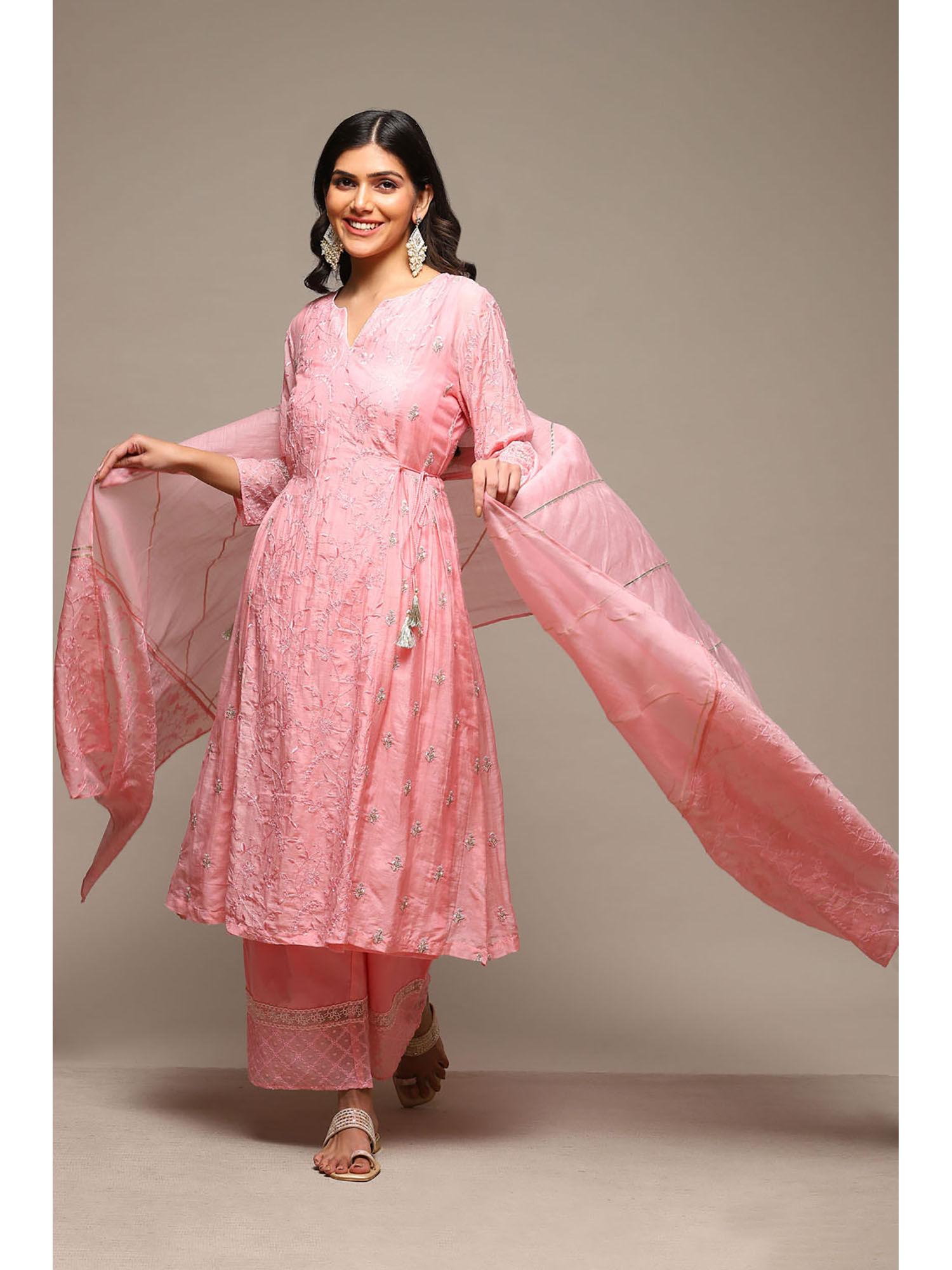 womens pink embroidered silk chanderi layered suit (set of 4)