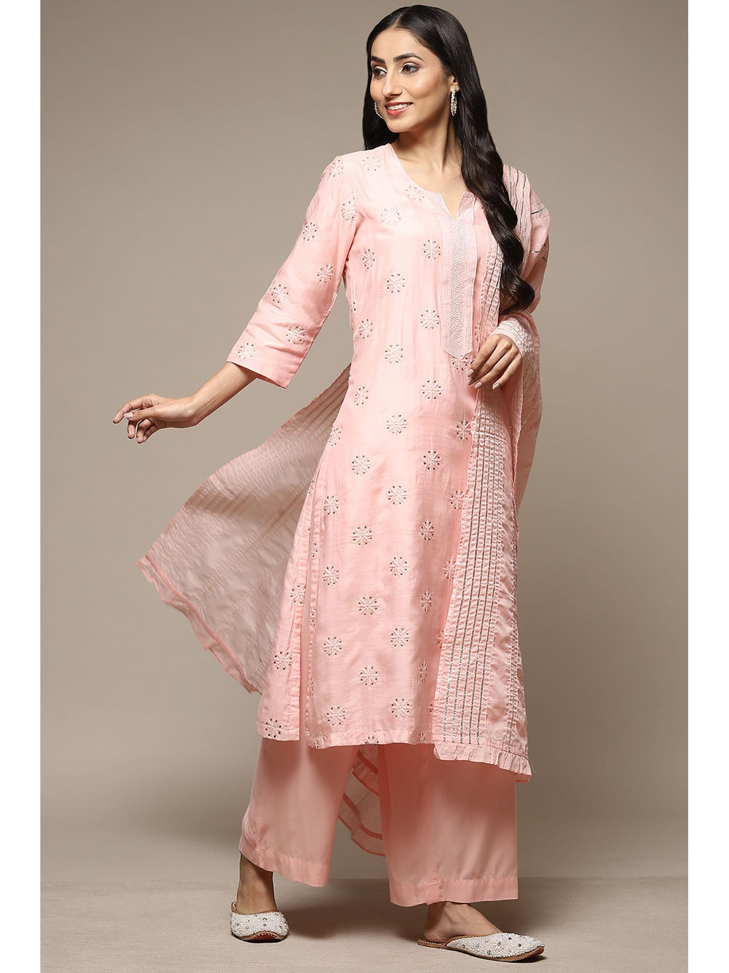 womens pink embroidered silk chanderi straight suit (set of 3)