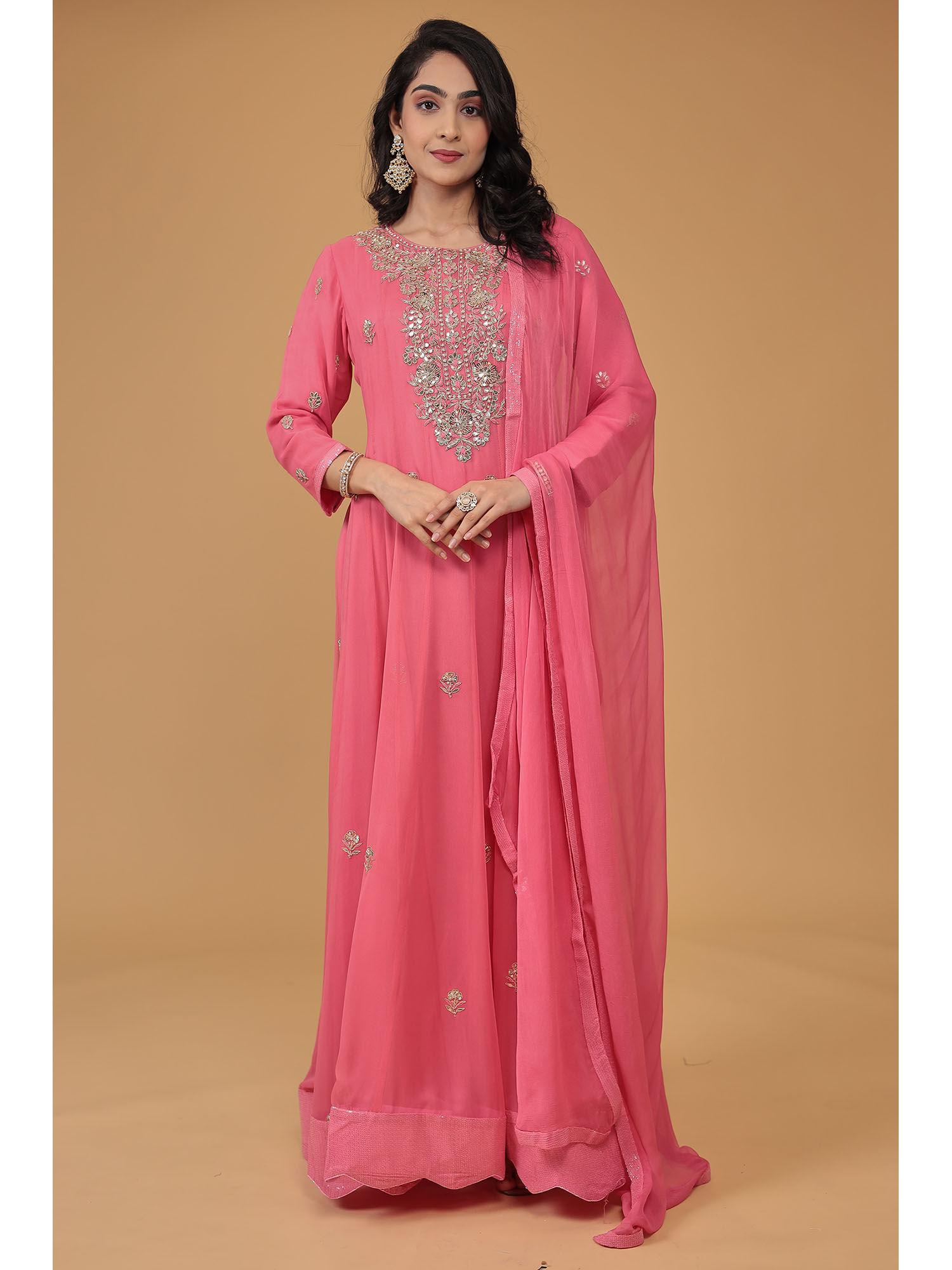 womens pink embroidery anarkali kurta and dupatta (set of 2)