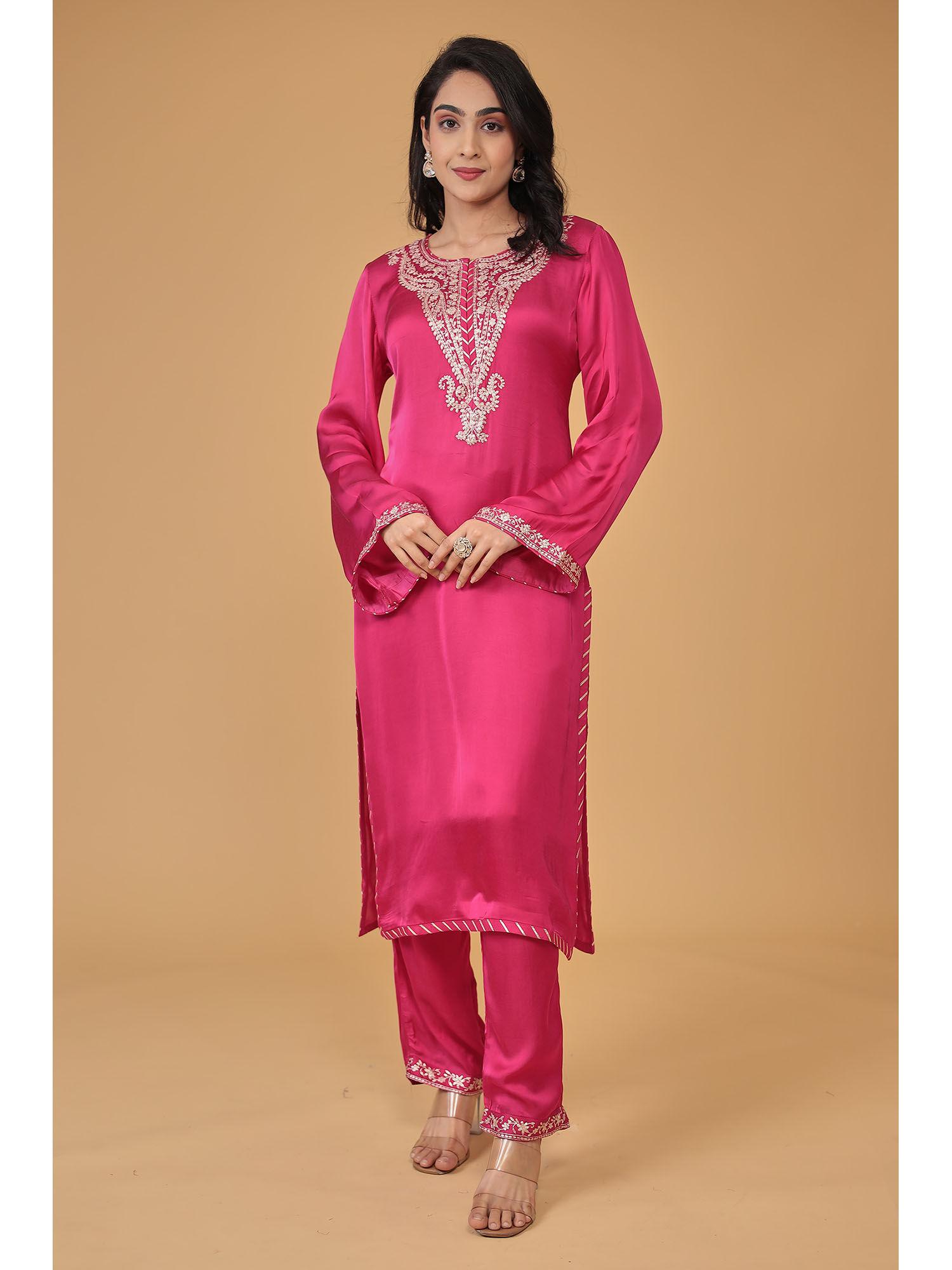 womens pink embroidery kurta and pant (set of 2)