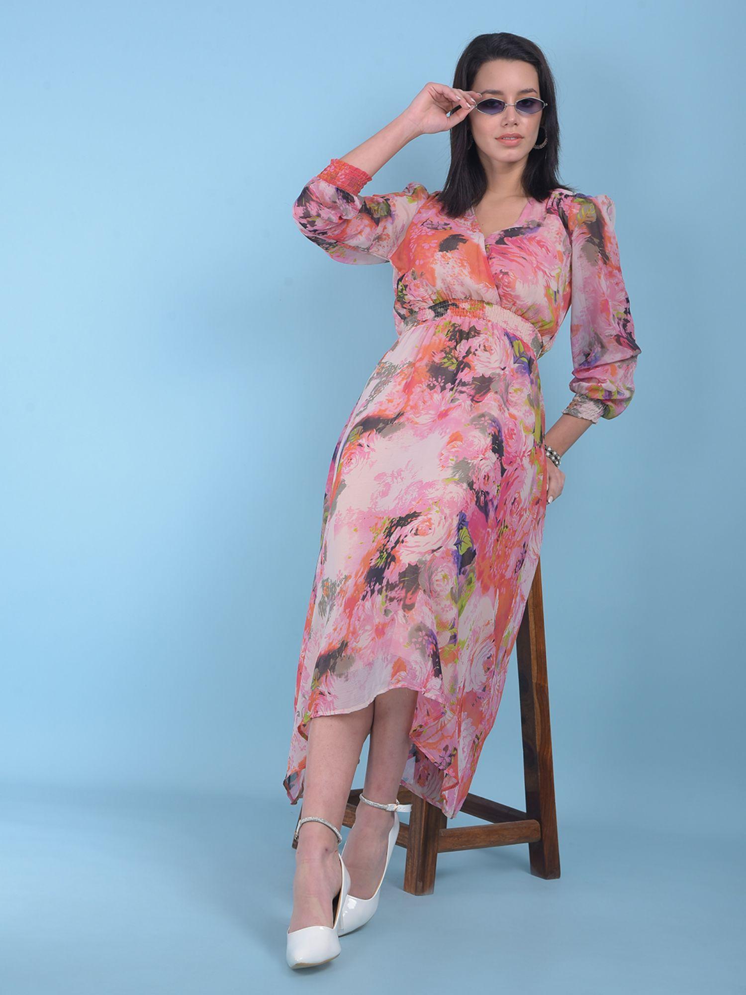 womens pink floral print a-line dress