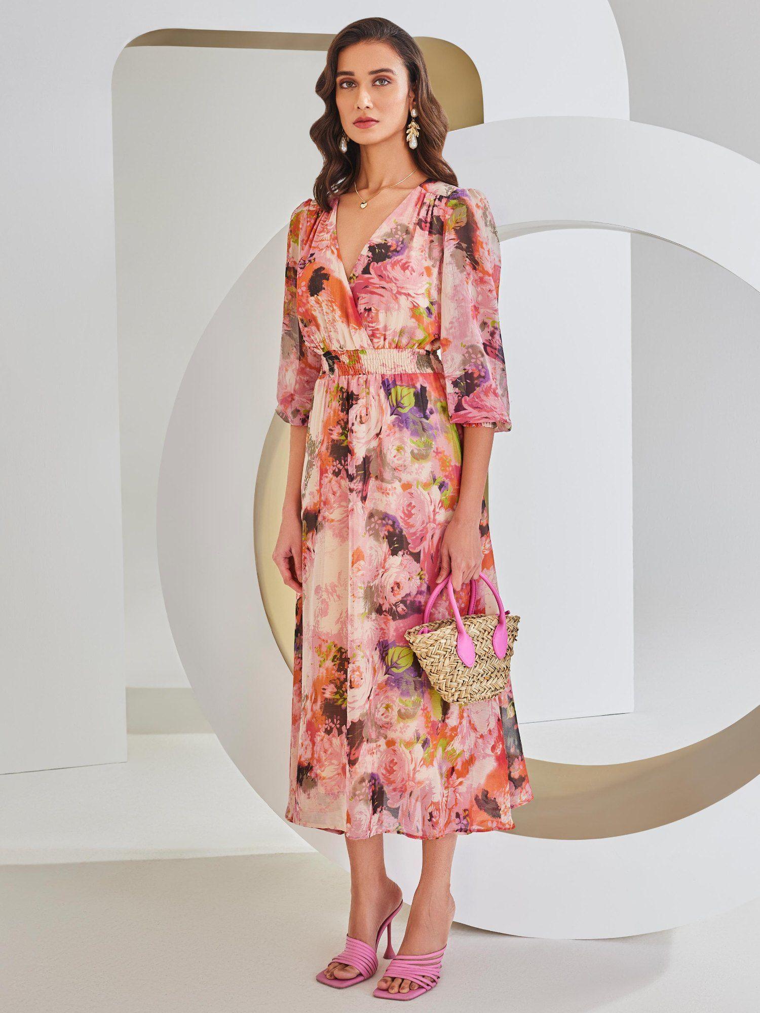 womens pink floral print a-line dress