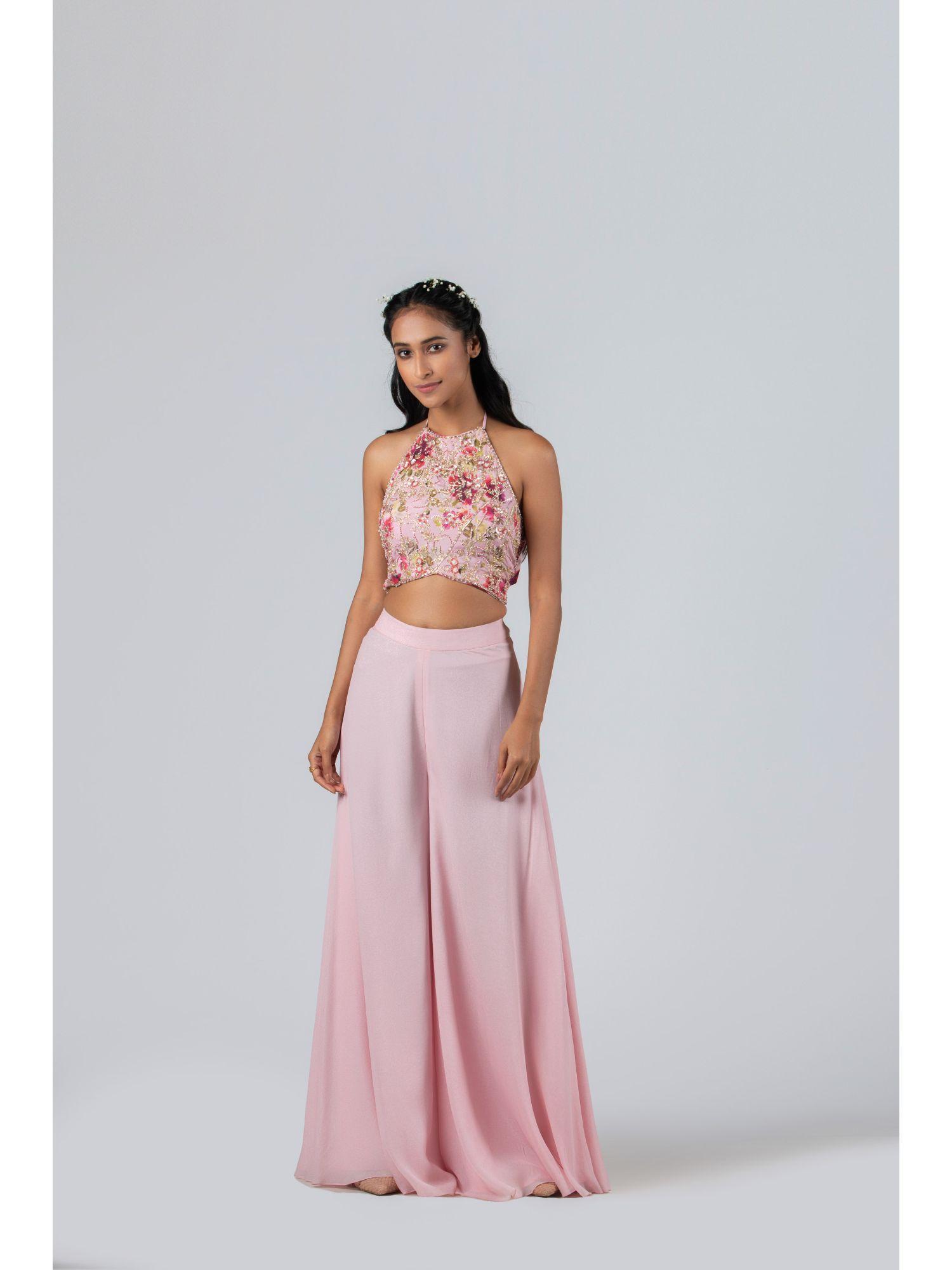womens pink floral print crop top and palazzo (set of 2)
