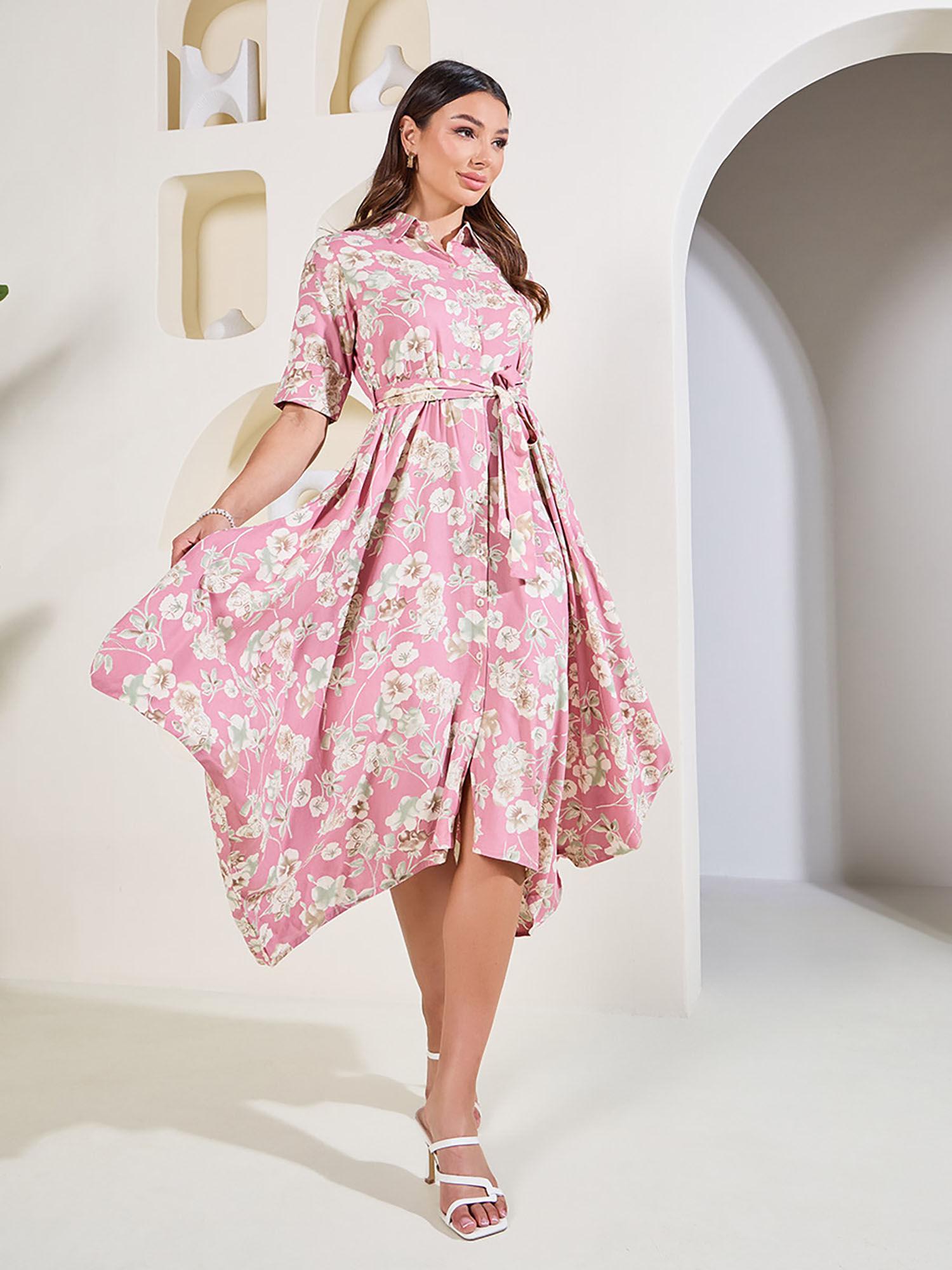 womens pink floral print handkerchief hem shirt midi dress with self tie up (set of 2)