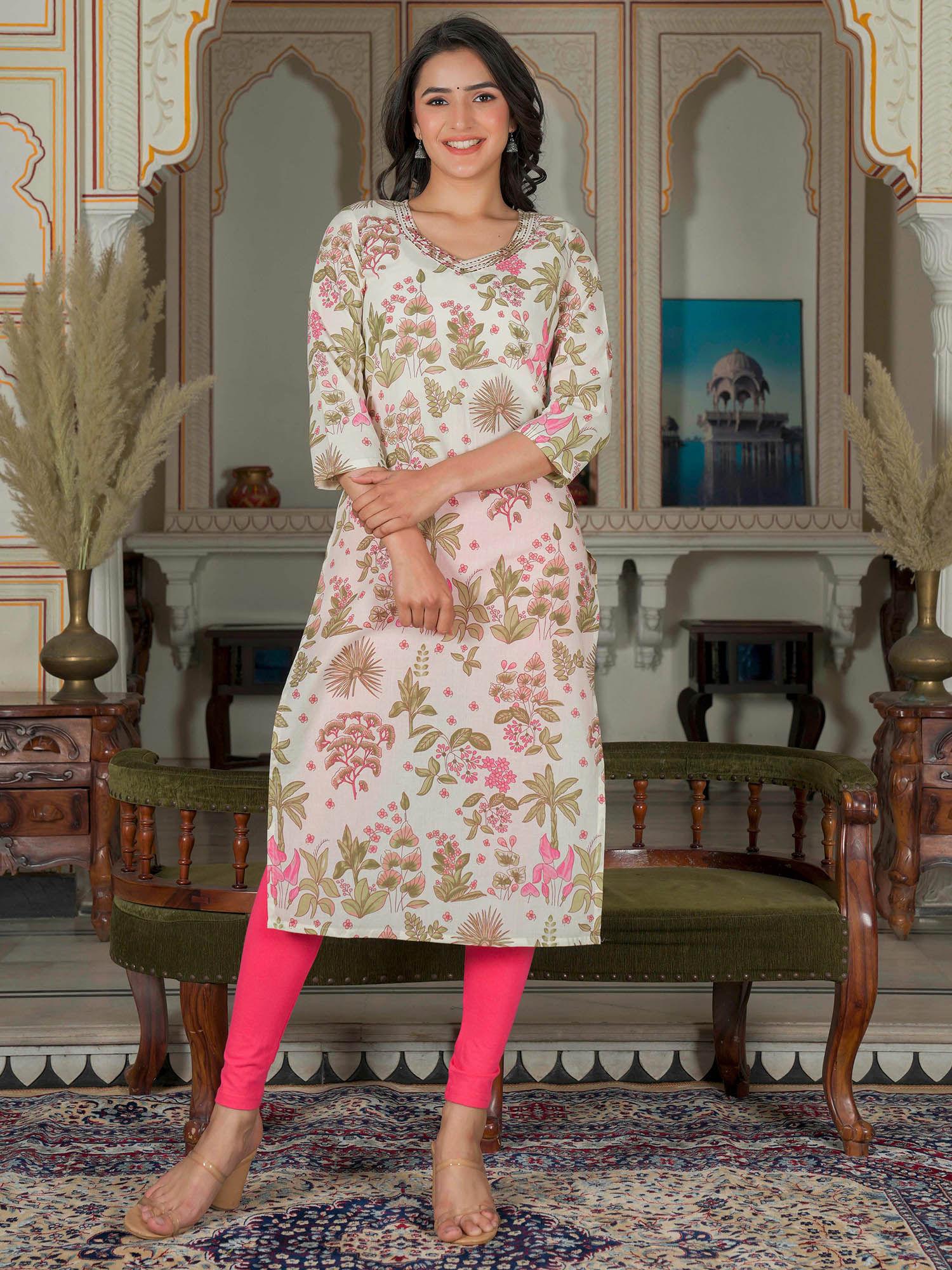 womens pink floral print straight cotton kurta