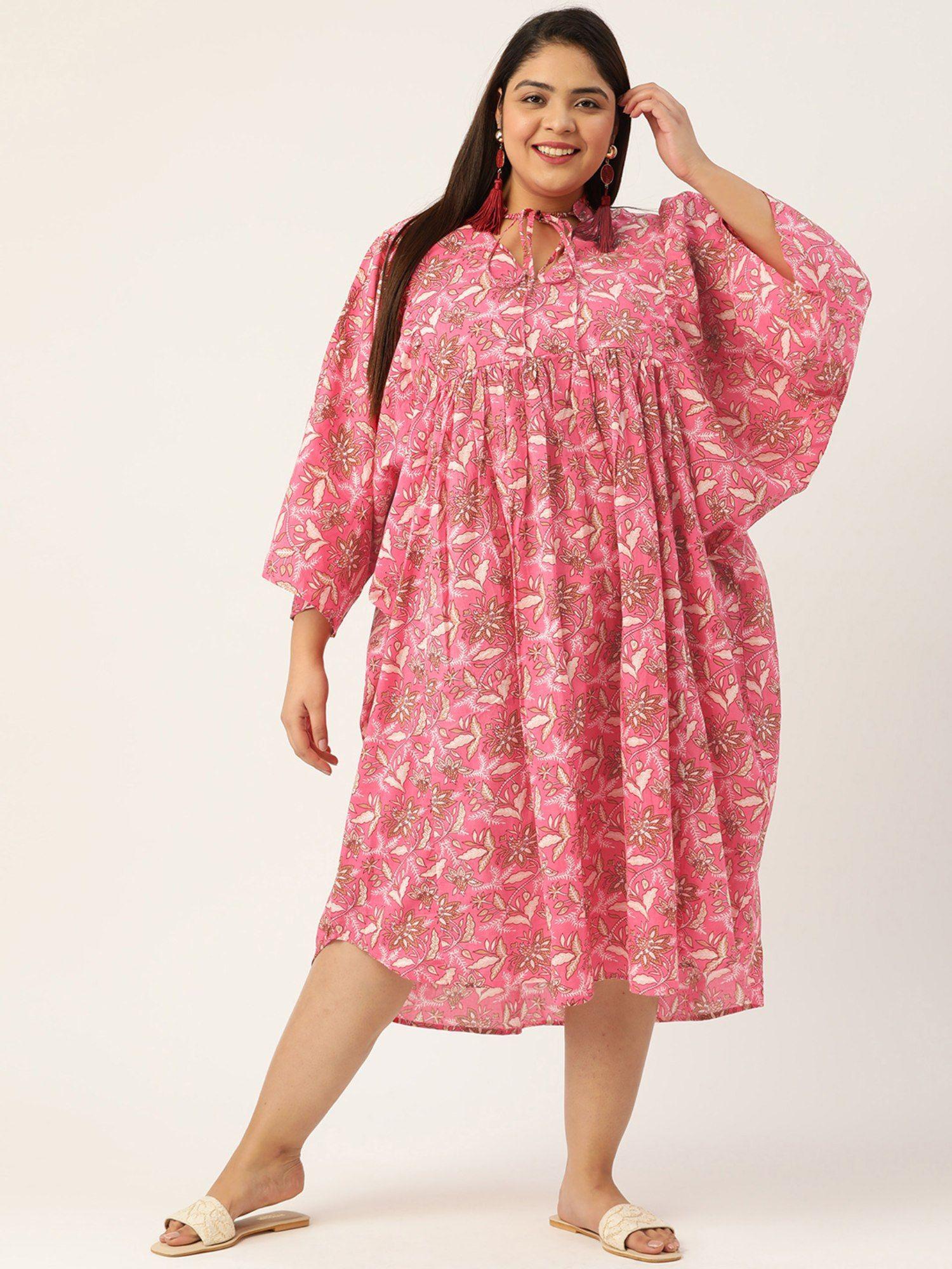 womens pink floral printed cotton midi dress