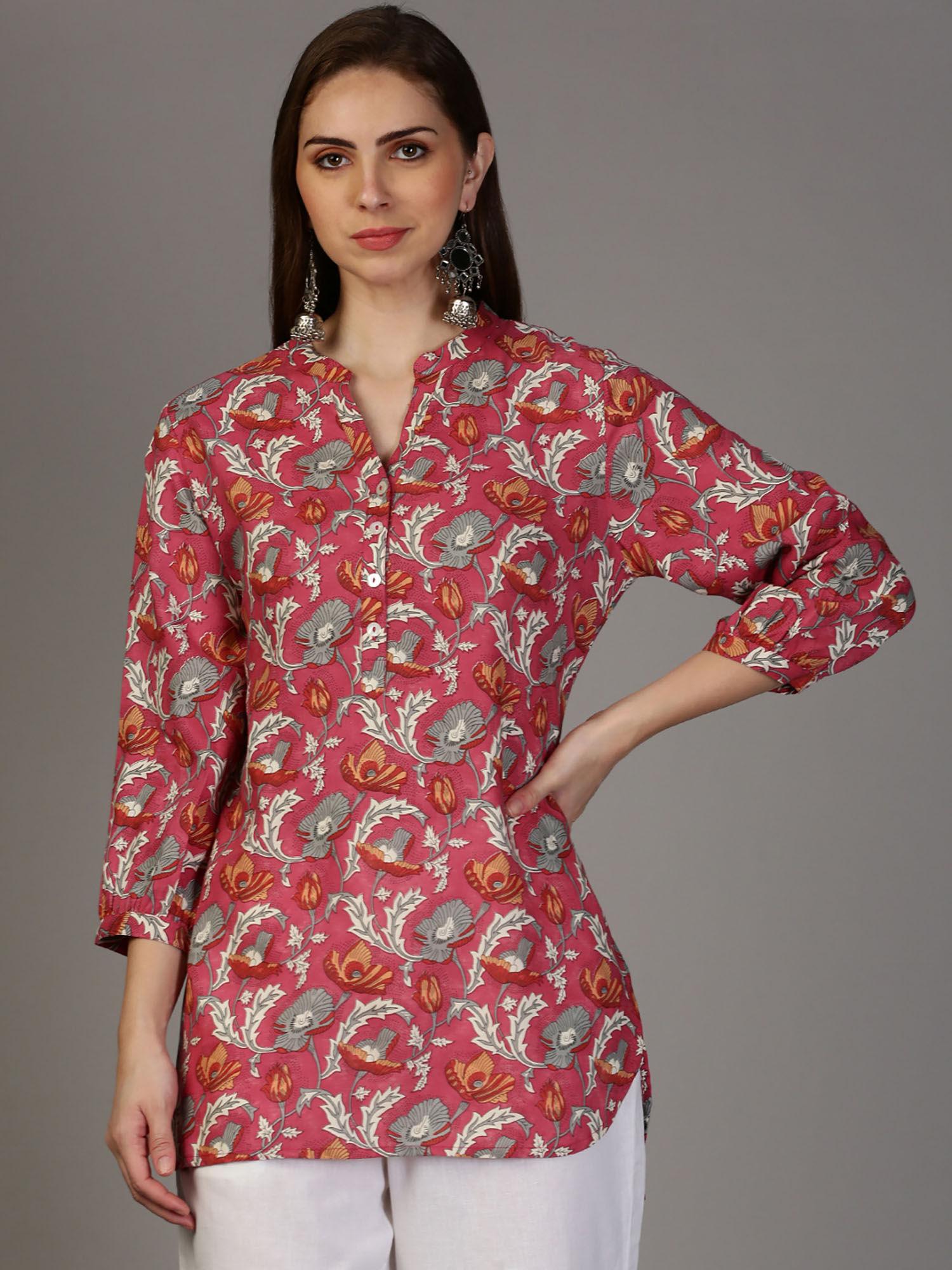 womens pink floral printed high-low rayon tunic