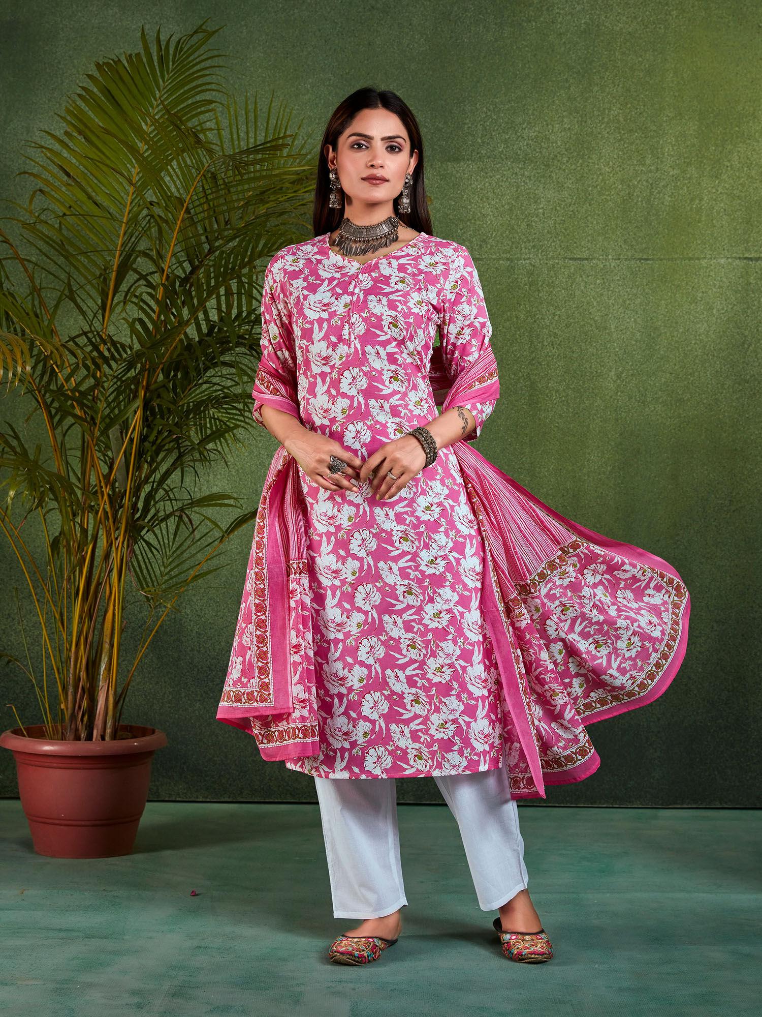 womens pink floral printed kurta with trousers dupatta (set of 3)