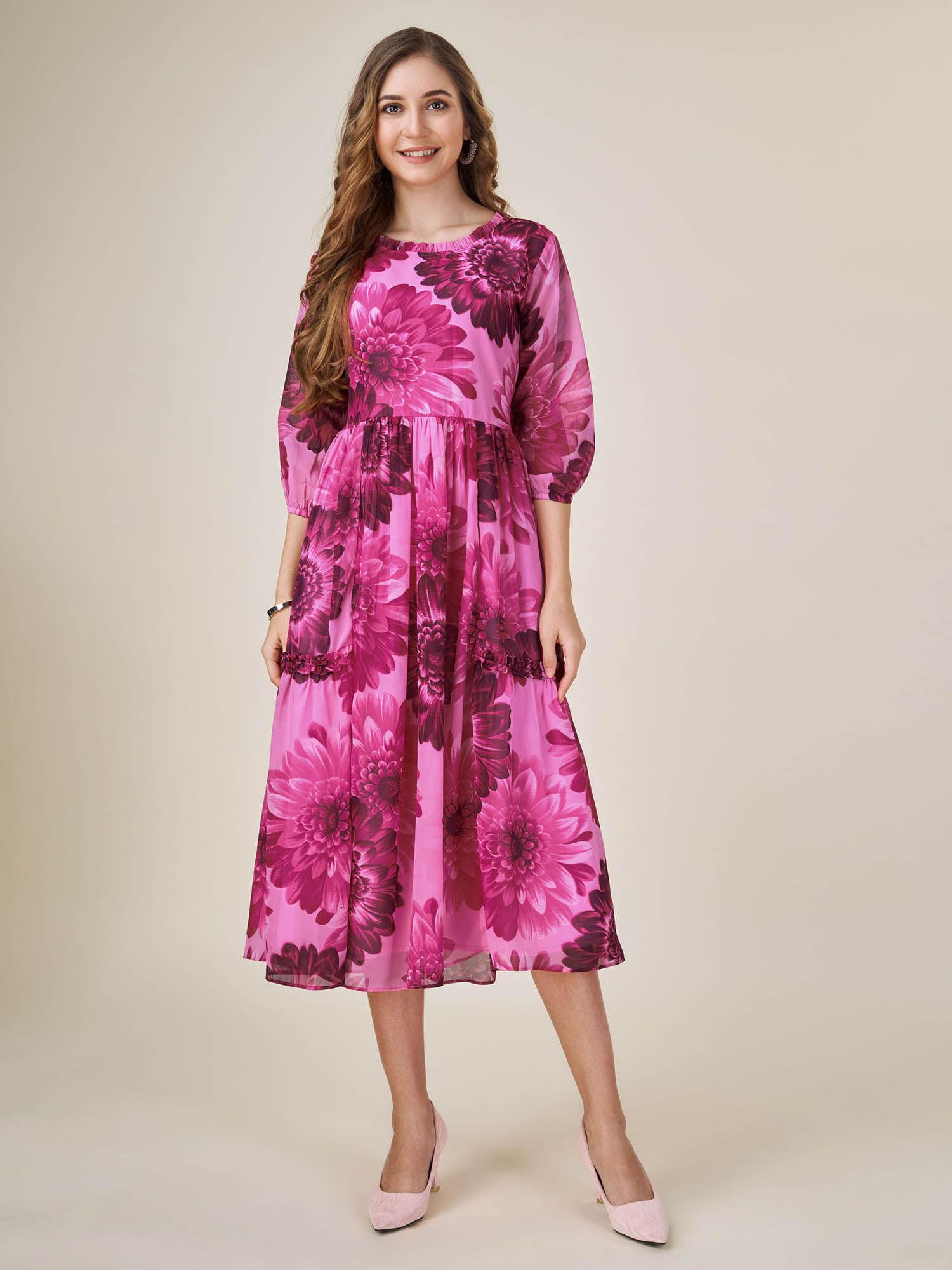 womens pink georgette floral printed fit and flare dress with ruffles