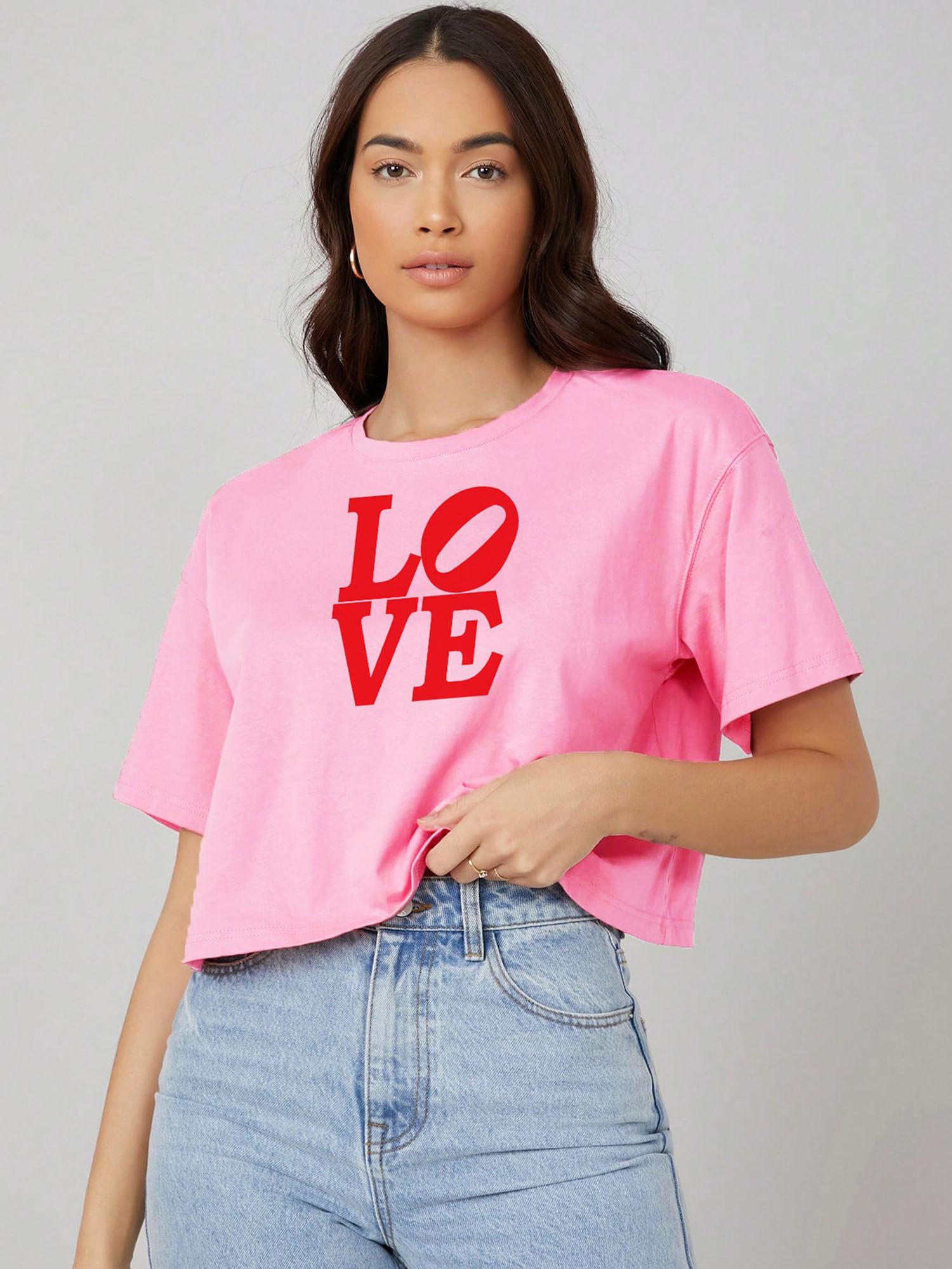 womens pink love printed cotton blend oversized crop t-shirt