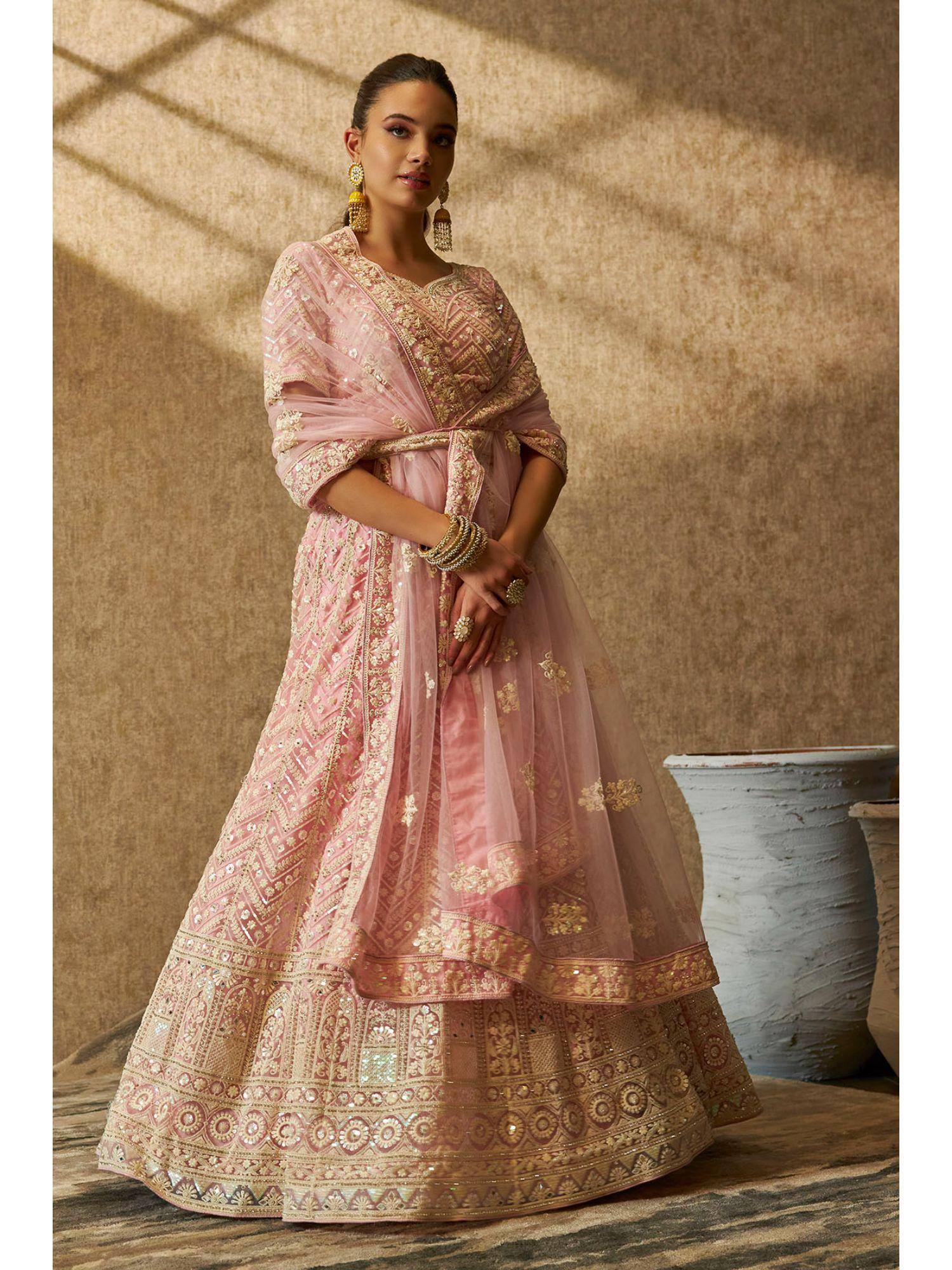 womens pink net unstitched lehenga choli with sequins (set of 5)