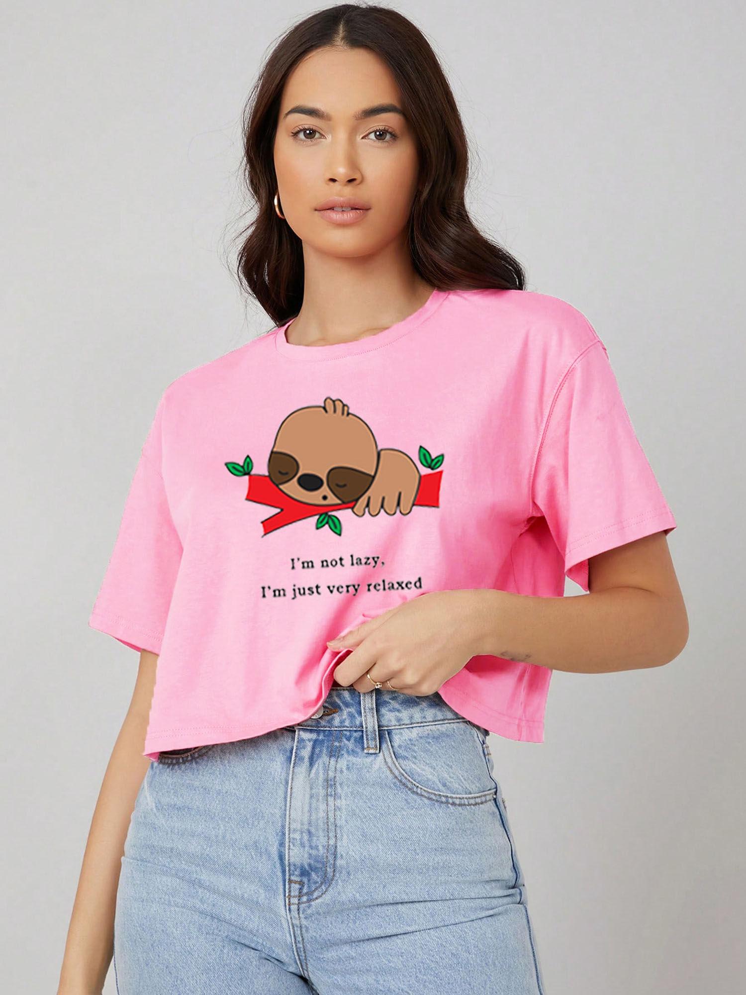 womens pink printed cotton blend oversized crop t-shirt