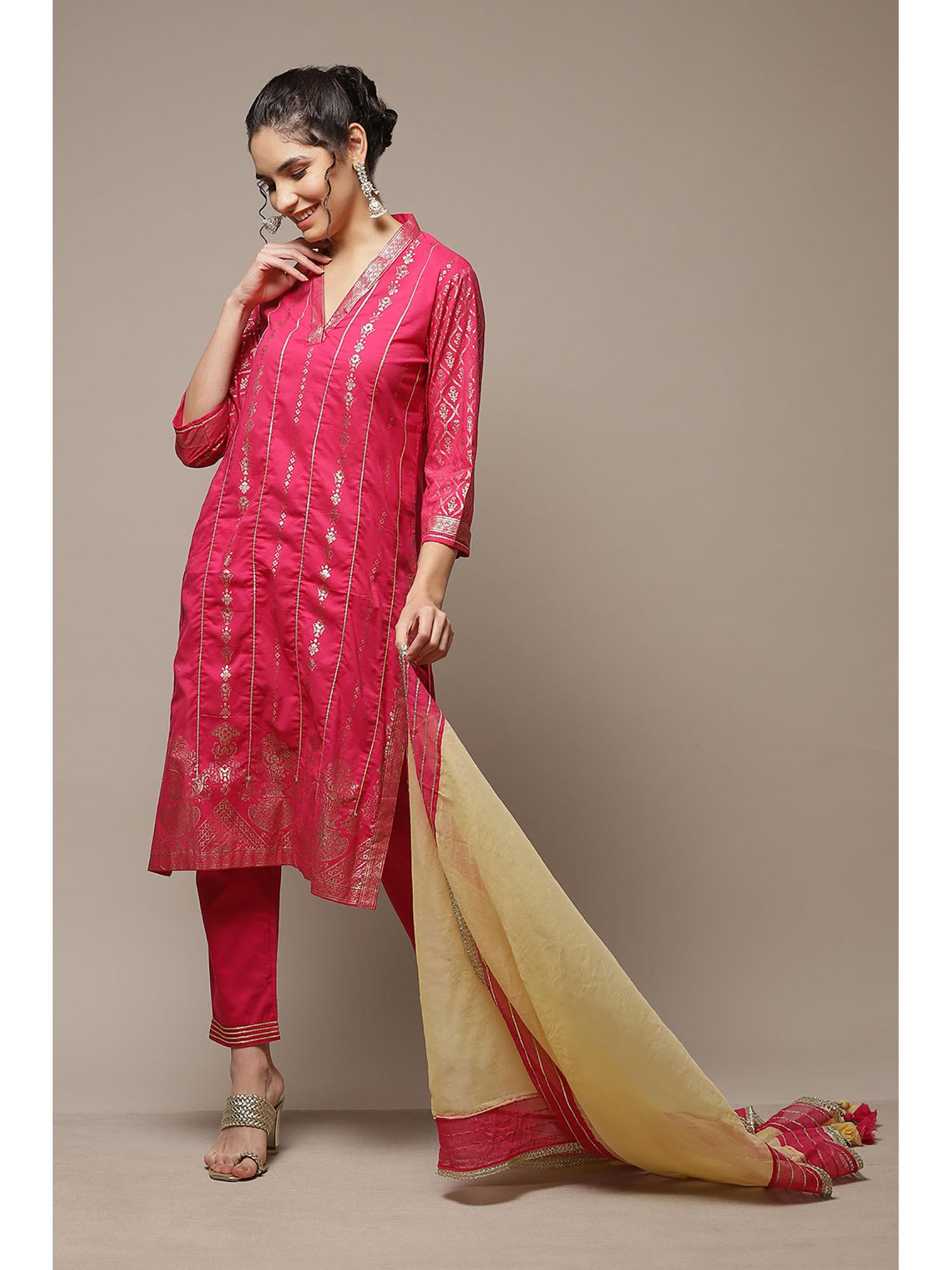 womens pink printed cotton straight suit (set of 3)