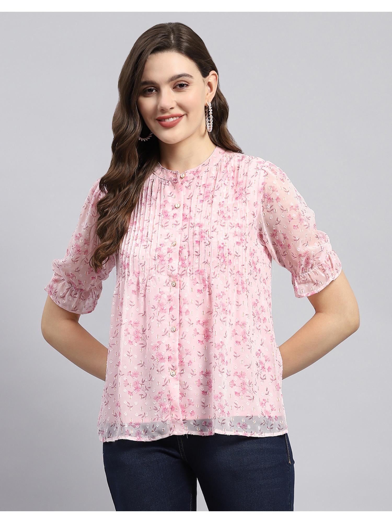 womens pink printed mandarin neck half sleeve top