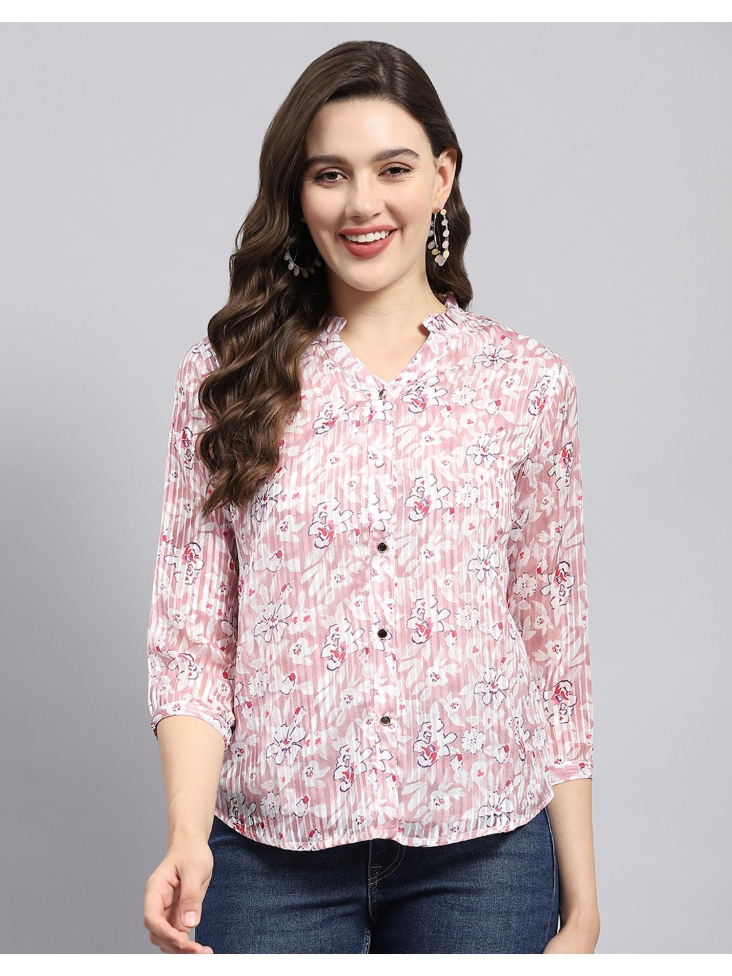 womens pink printed mandarin neck shirt