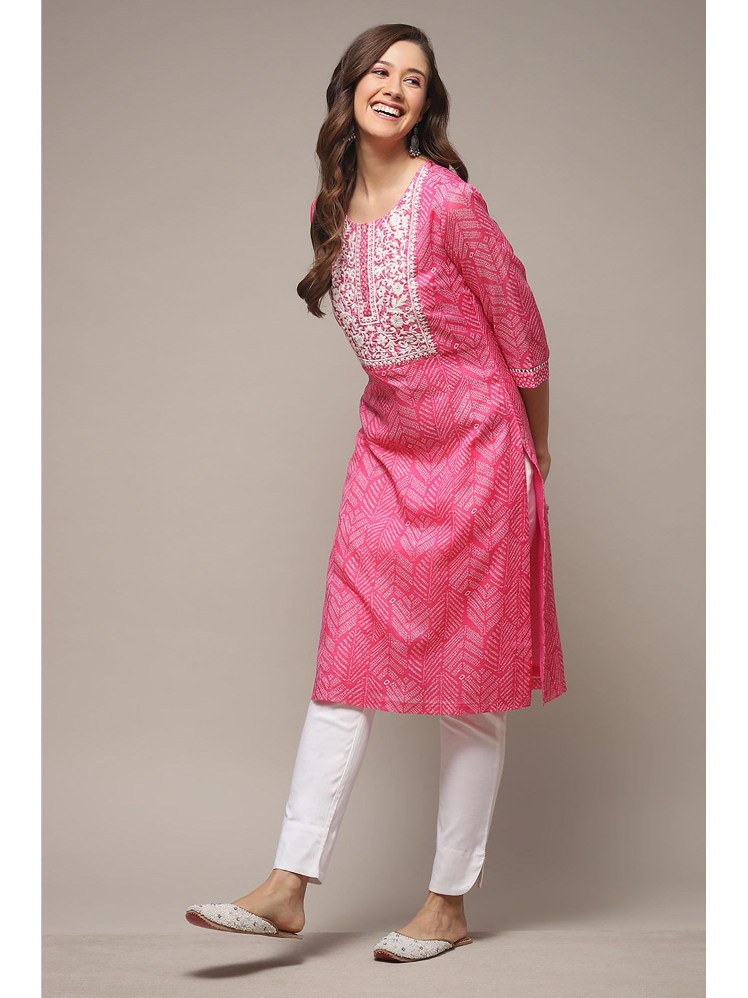 womens pink printed poly kota straight kurta