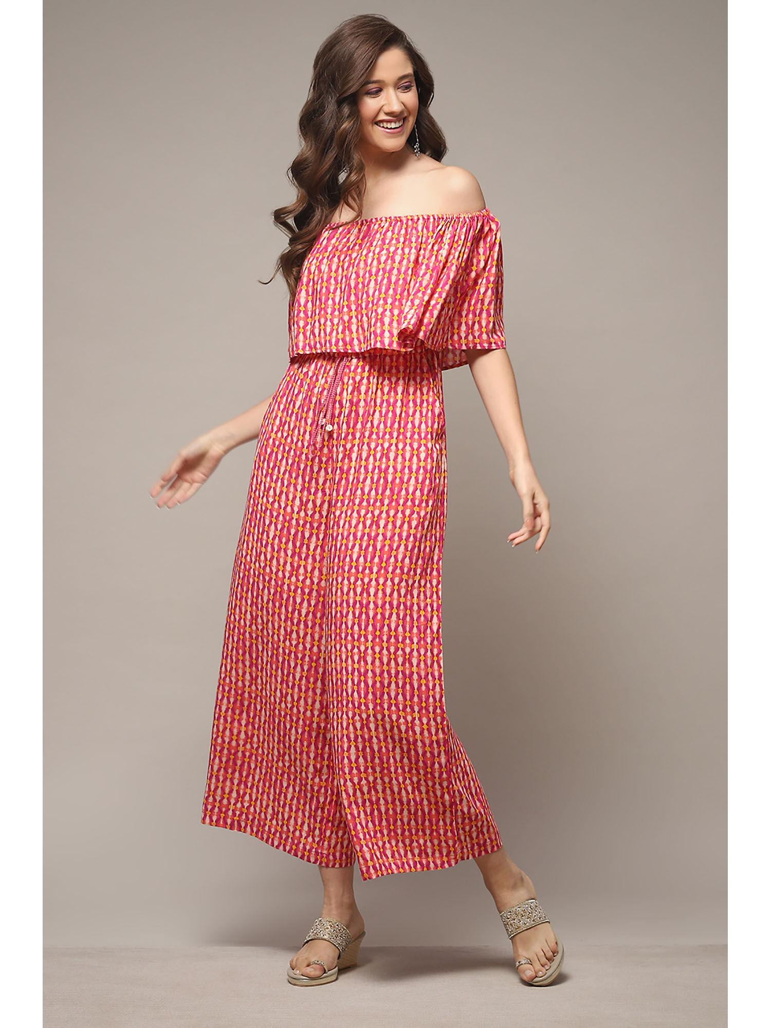 womens pink printed rayon straight jumpsuit