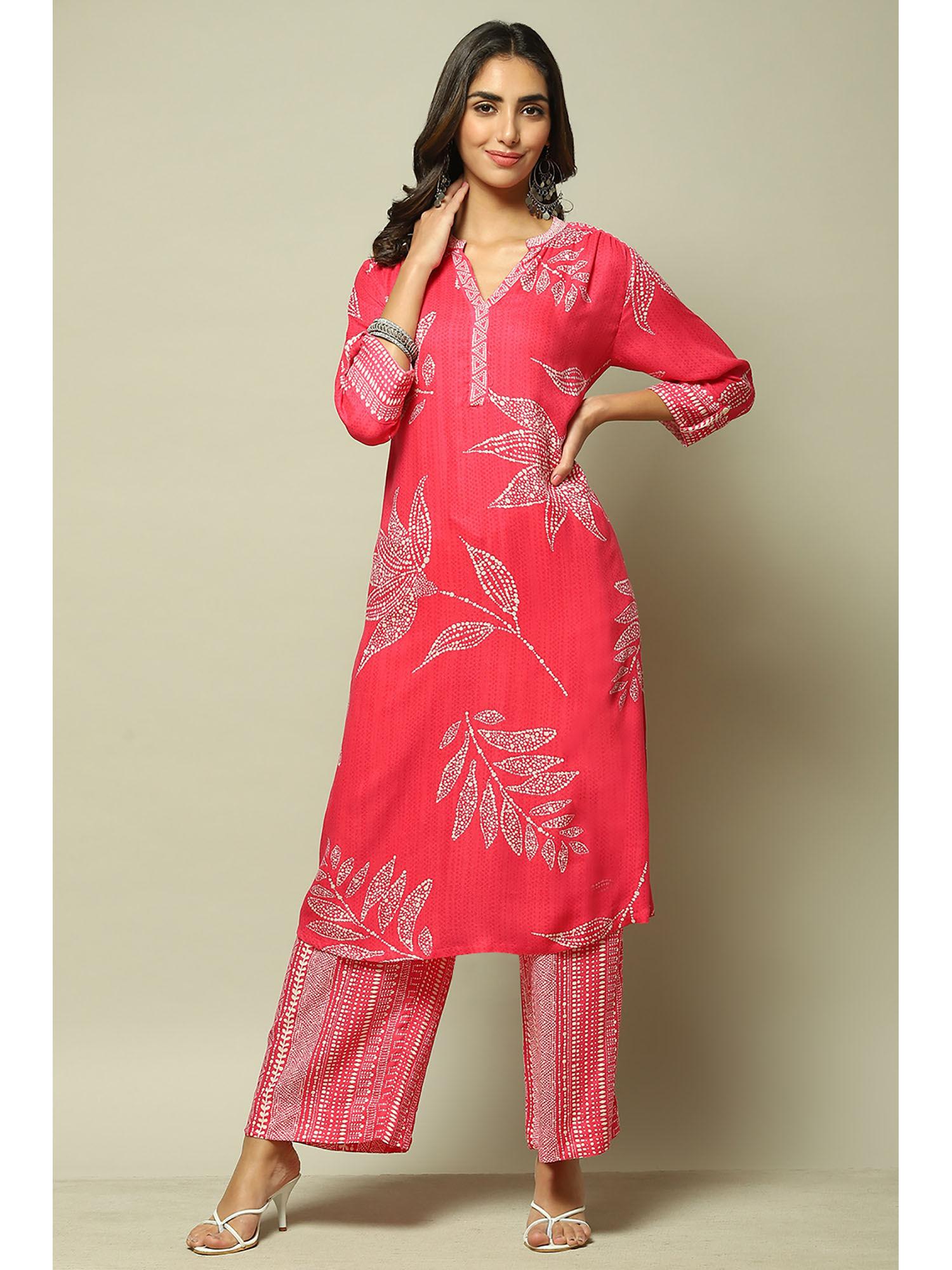 womens pink printed rayon straight kurta (set of 2)