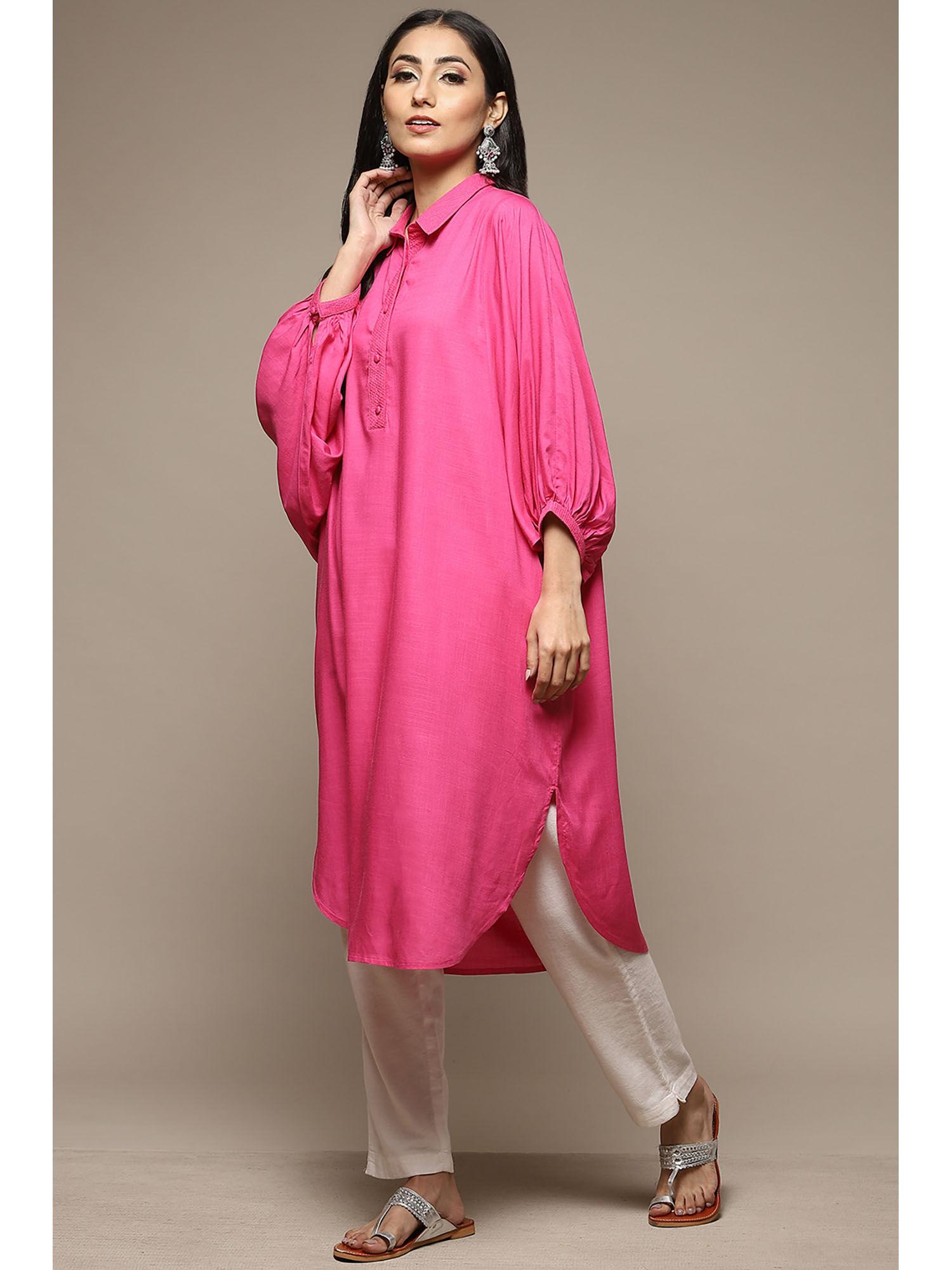 womens pink printed rayon straight kurta