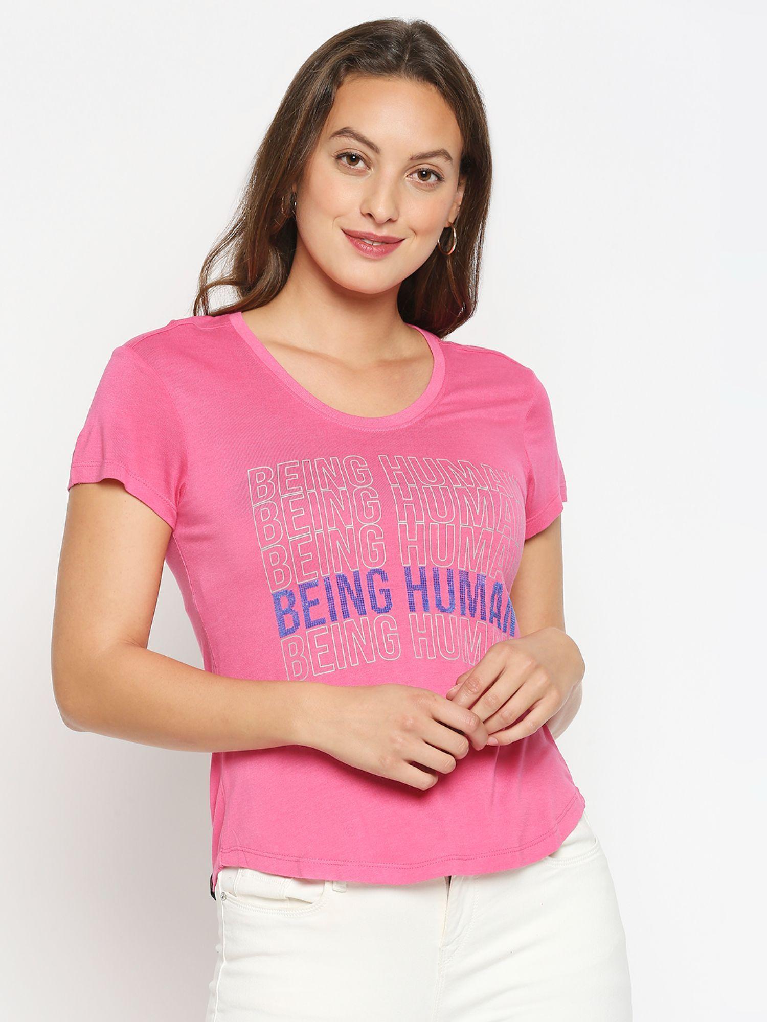 womens pink printed round neck t-shirt