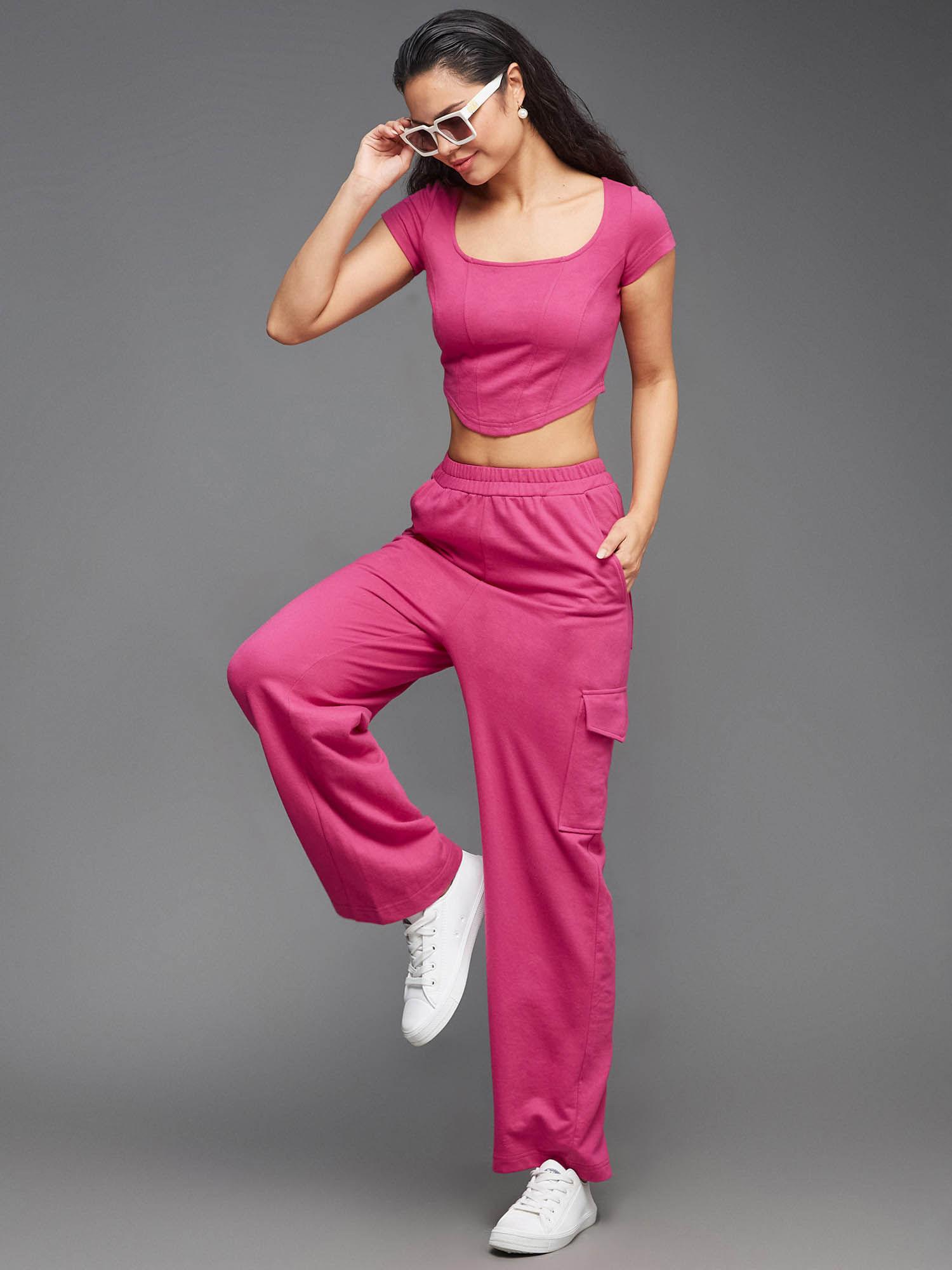 womens pink round neck solid straight leg regular-length cotton co-ord (set of 2)