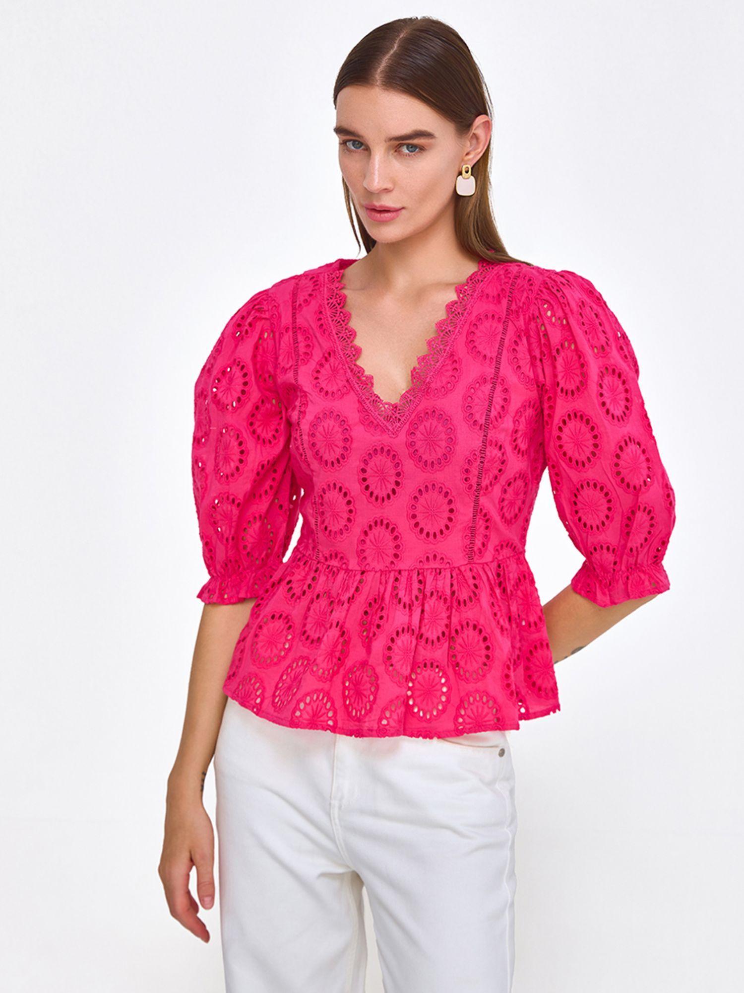 womens pink schiffli peplum top