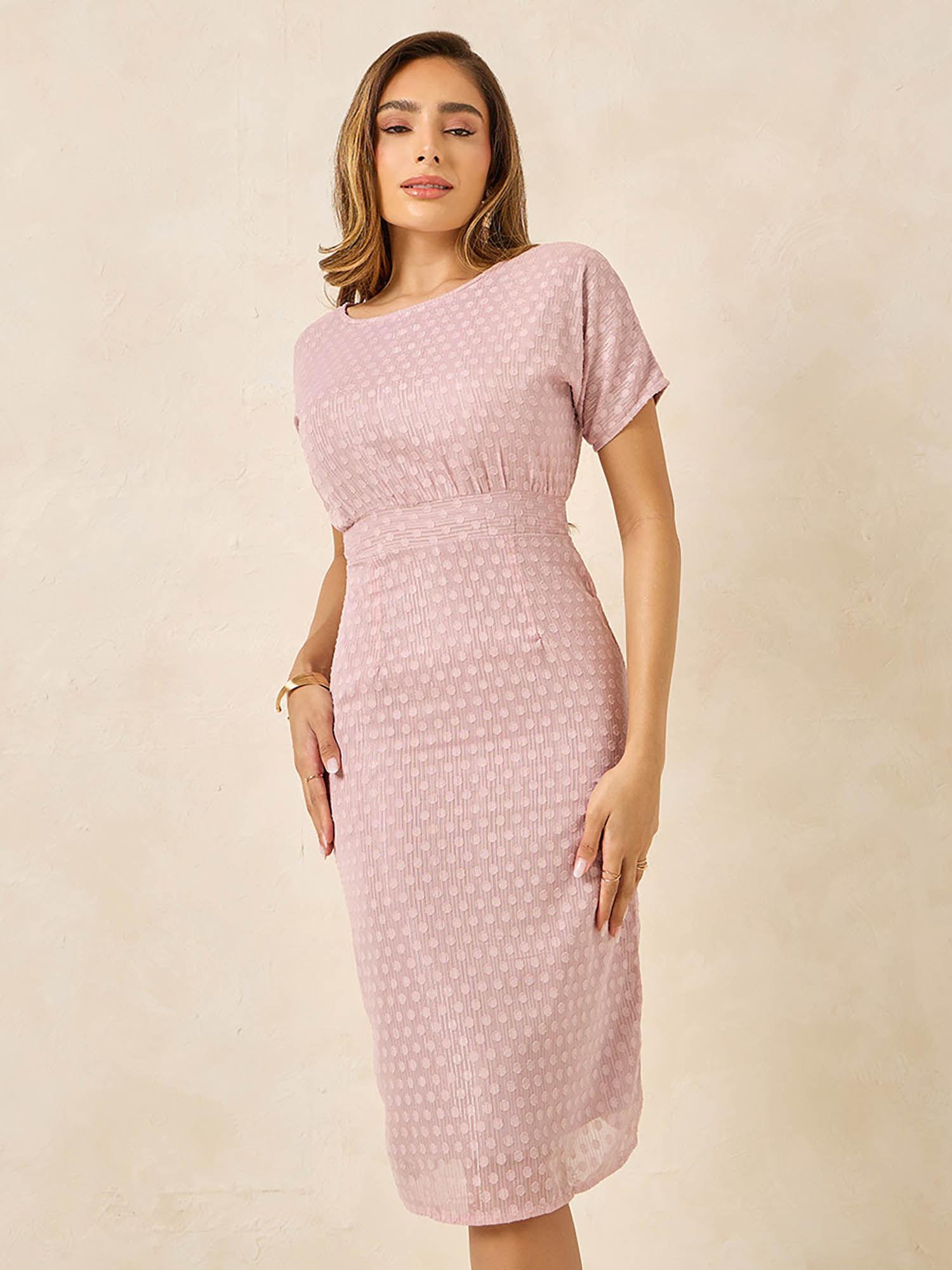 womens pink self design half sleeves midi dress