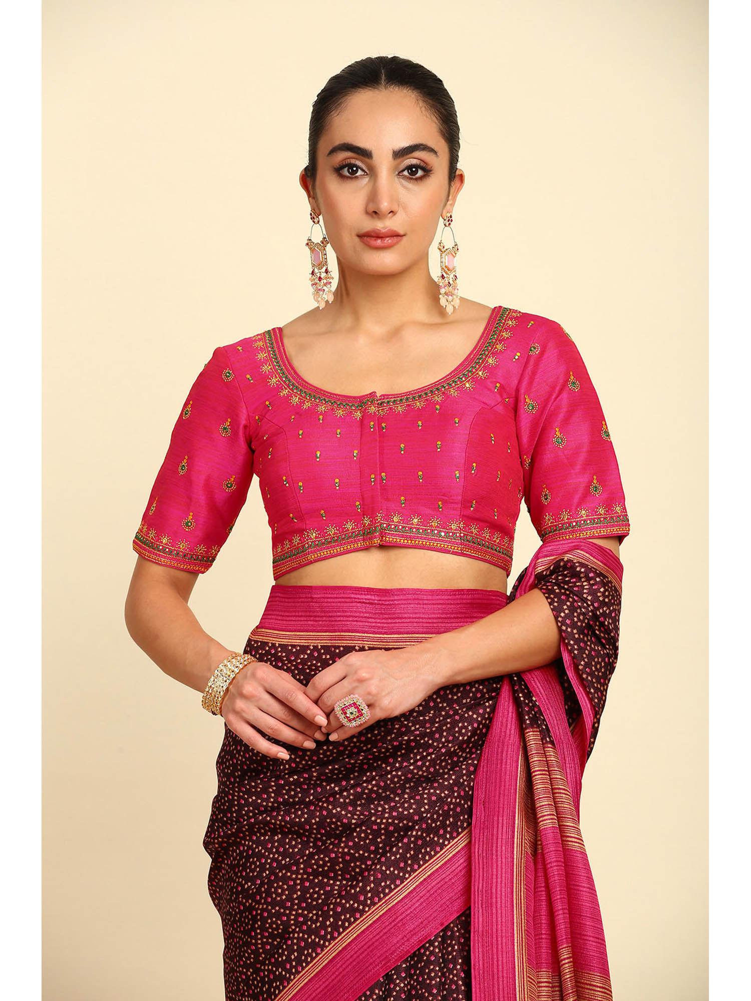 womens pink silk blend embroidered padded blouse with stone work