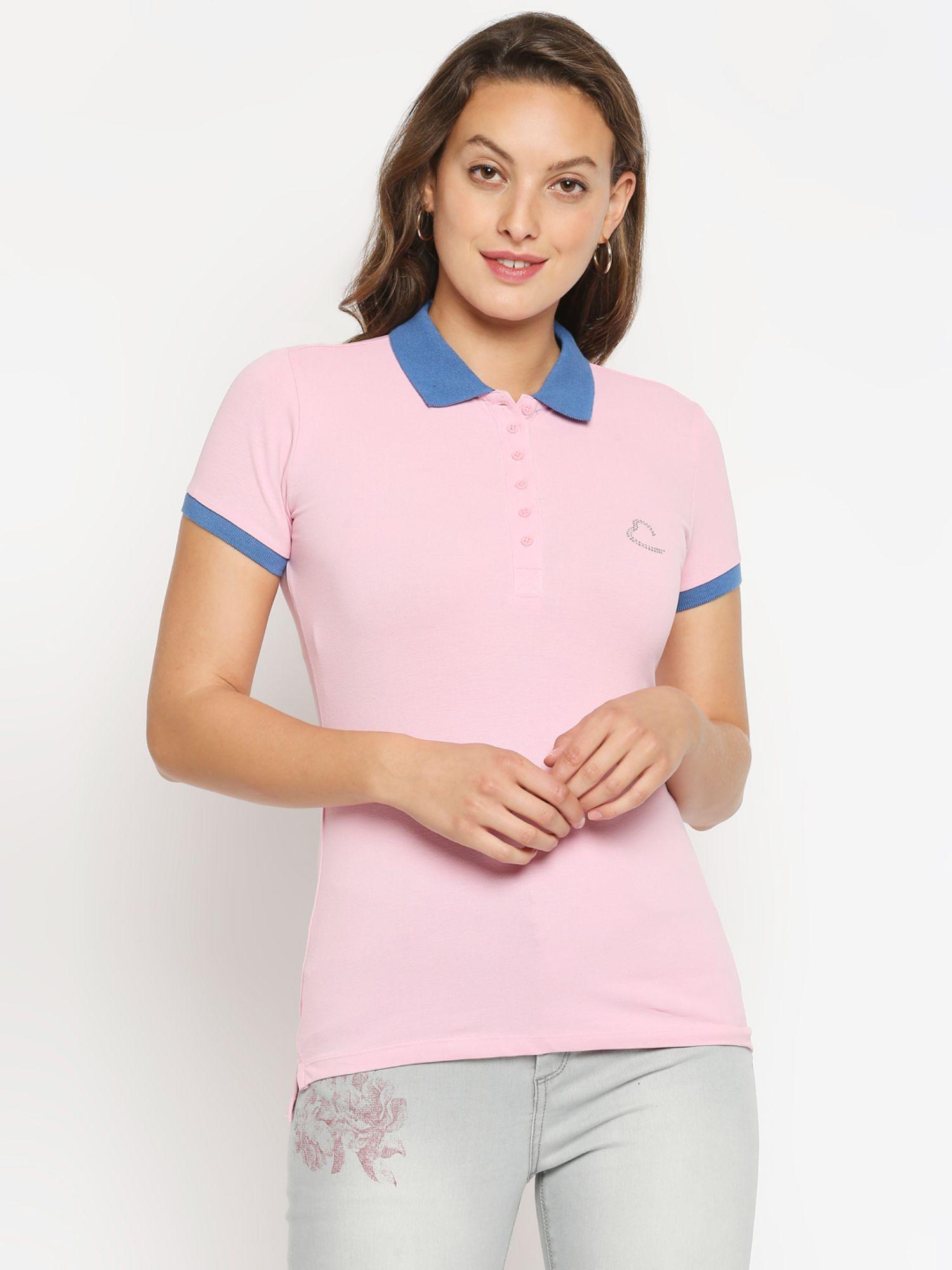 womens pink solid collar neck polo t-shirt