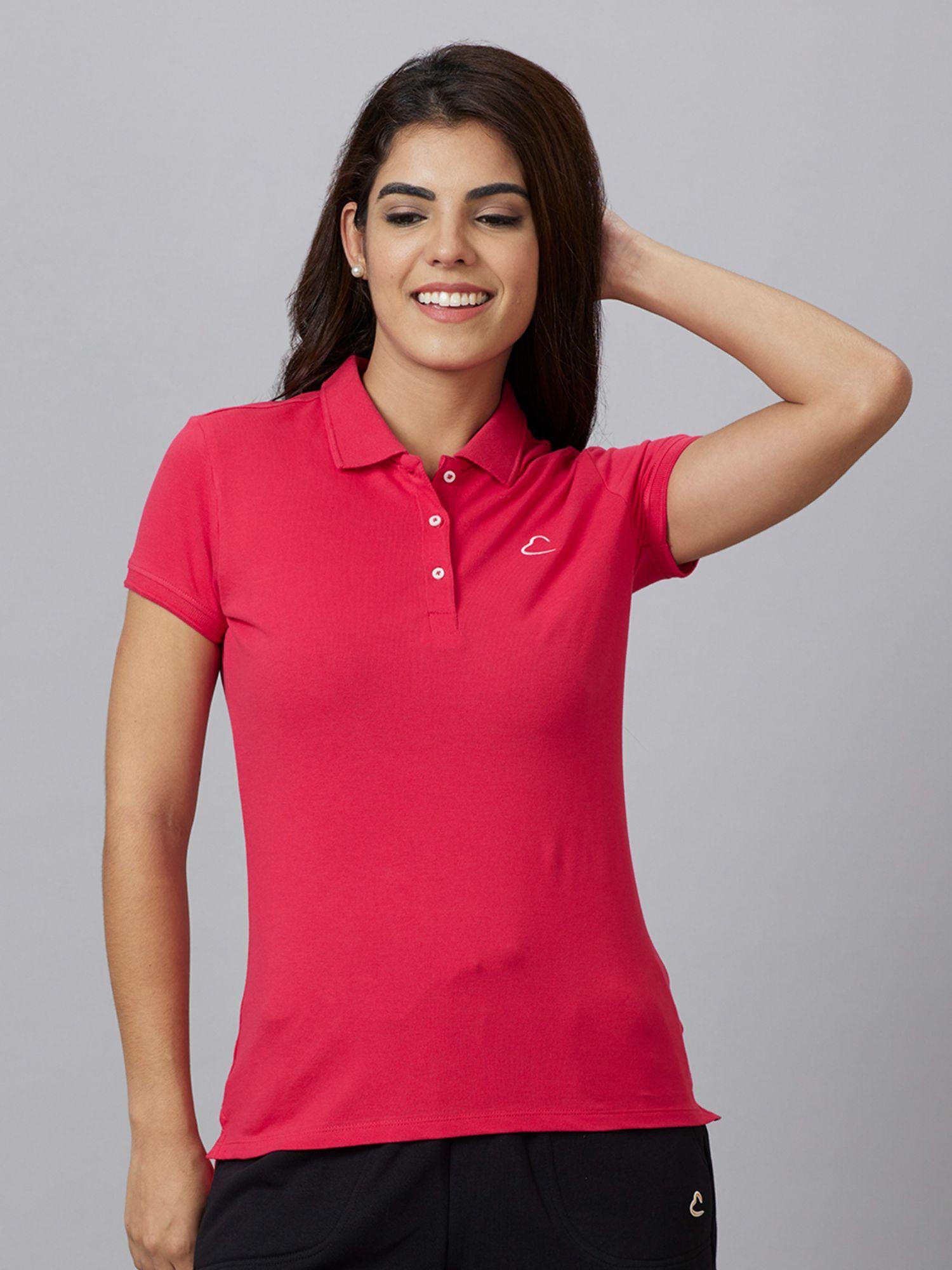 womens pink solid collar neck polo t-shirt