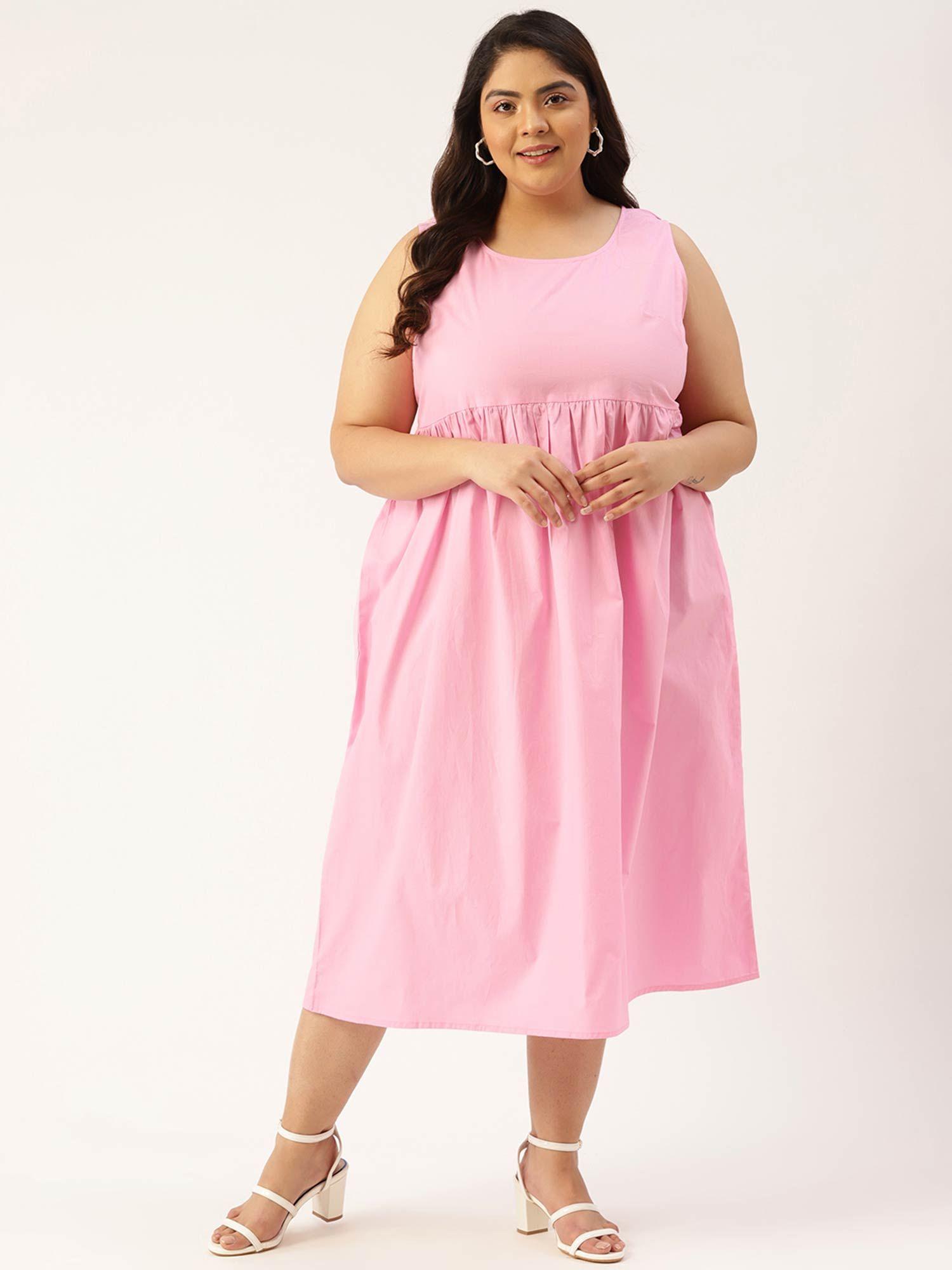 womens pink solid color a-line midi dress
