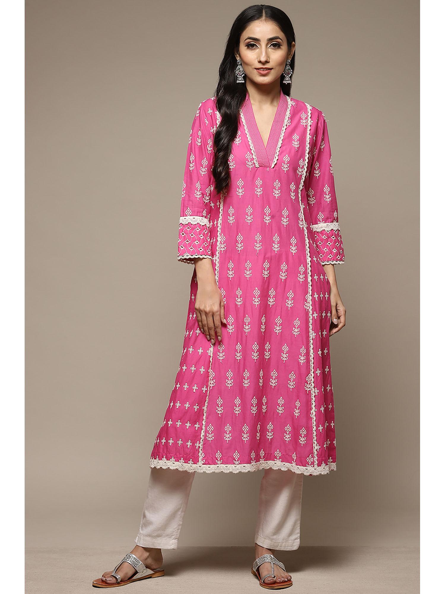 womens pink solid embroidered cotton straight kurta