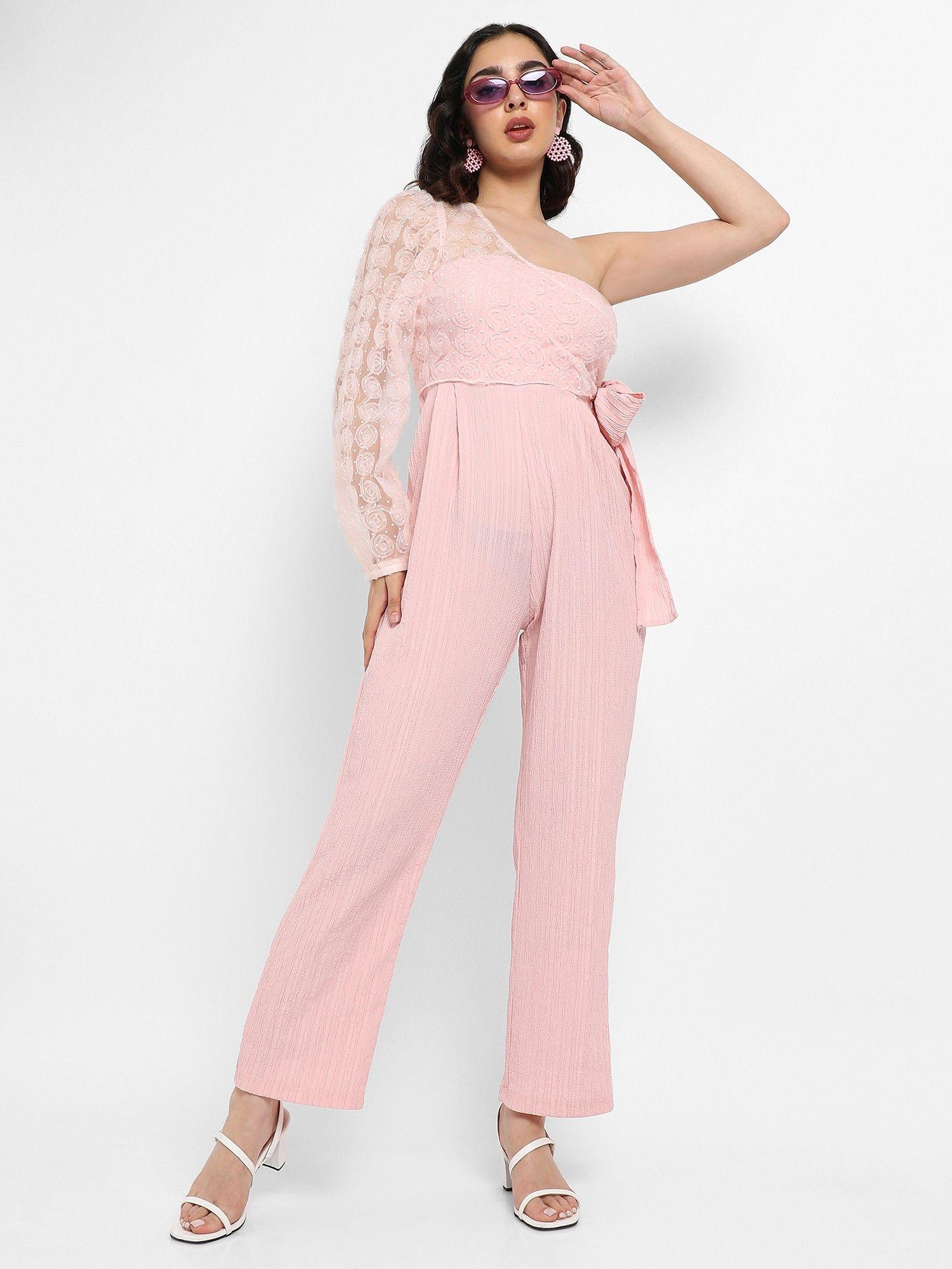 womens pink solid jumpsuit with self design details