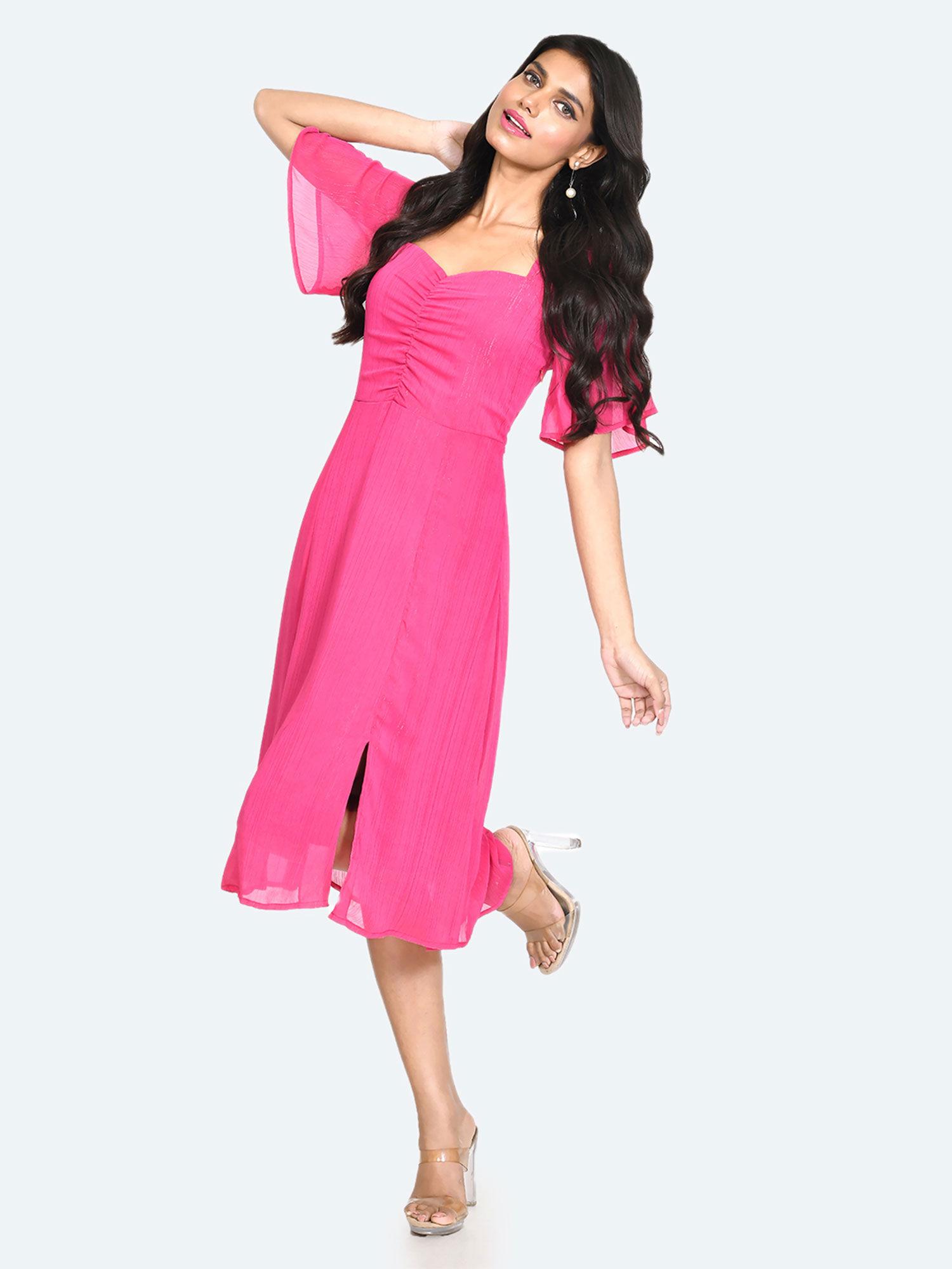 womens pink solid short sleeves midi dress