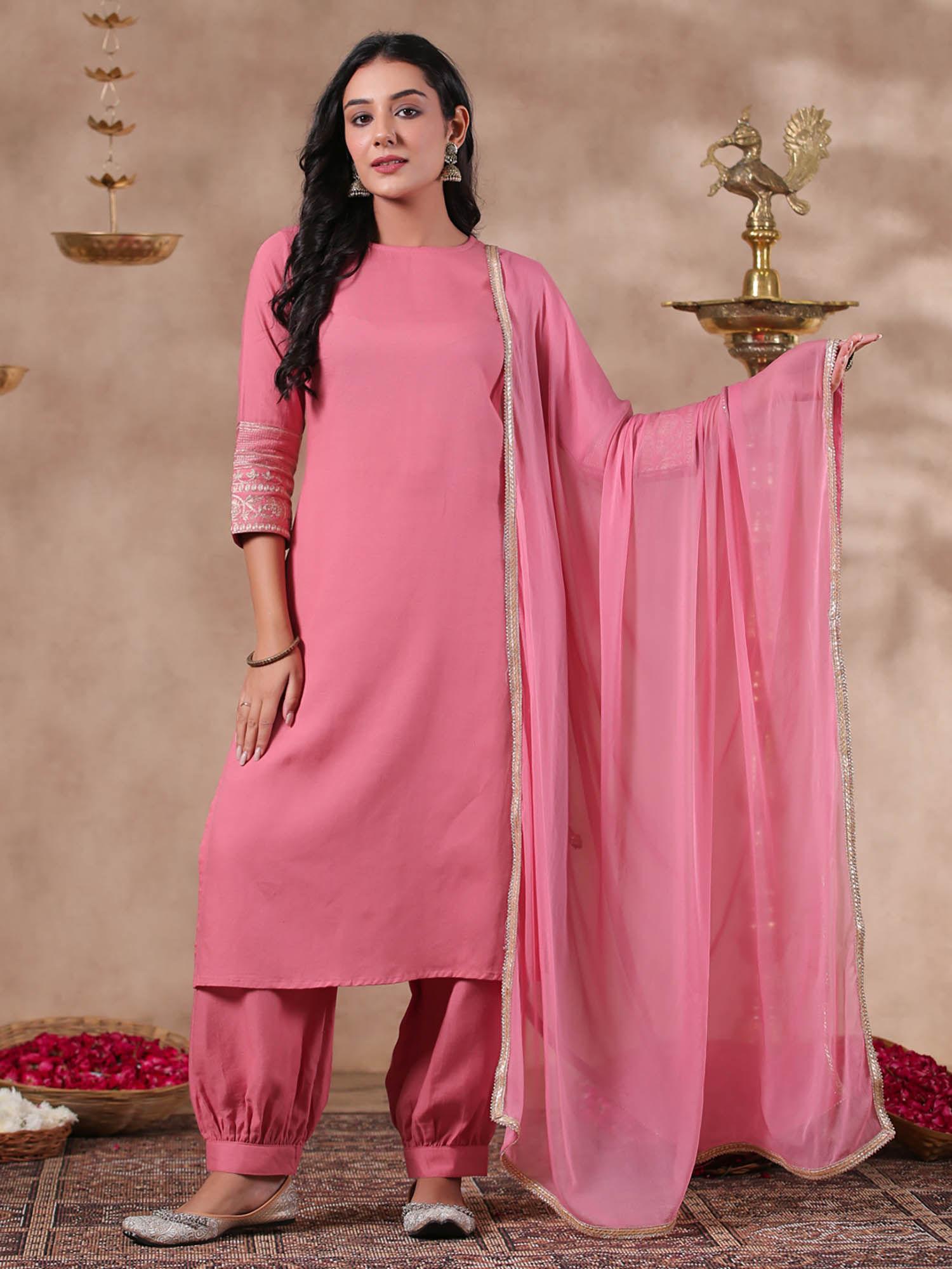 womens pink solid straight kurta with salwar & dupatta (set of 3)